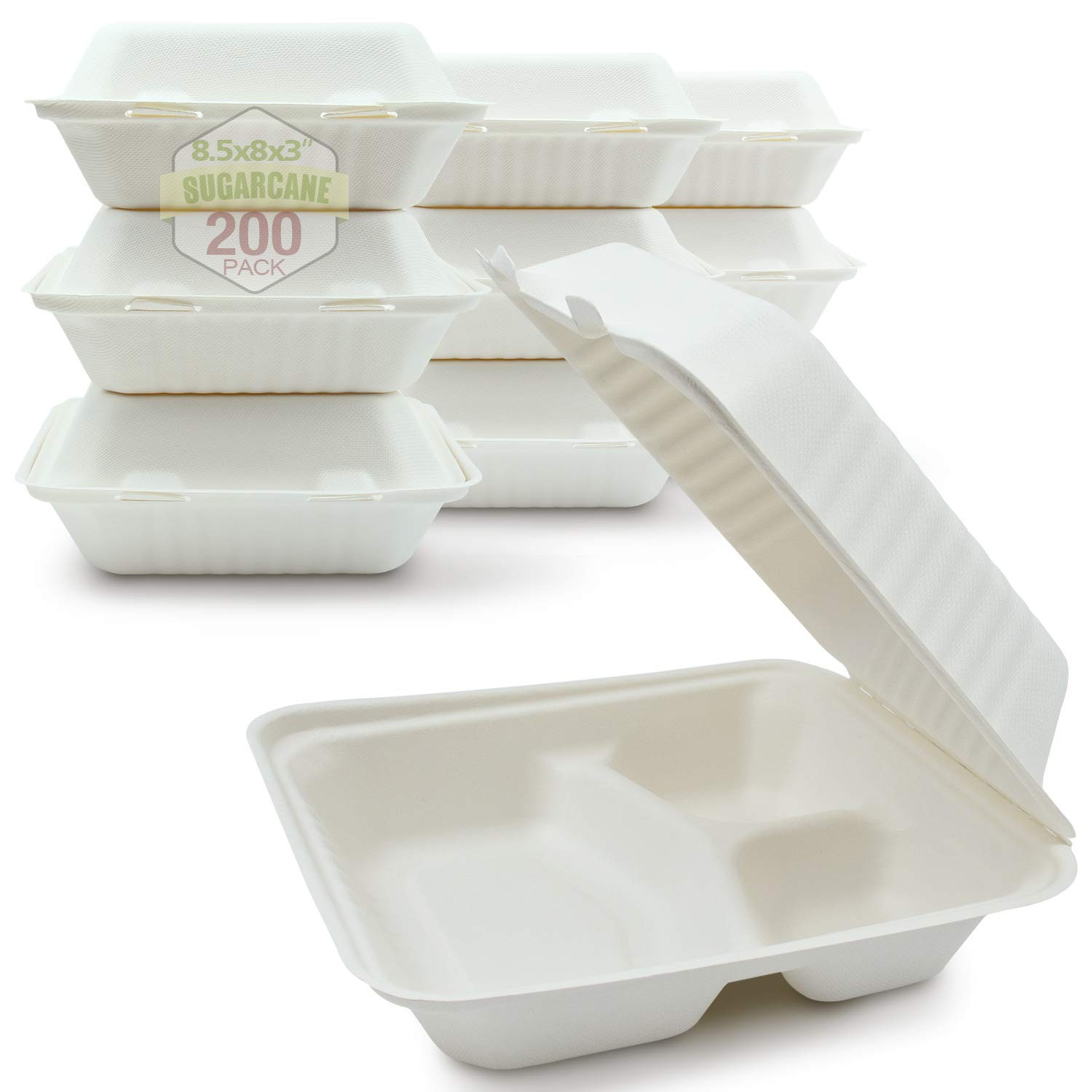 200 Count 8 Inch 3-Compartment Compostable Bagasse Clamshell To Go Food Boxes