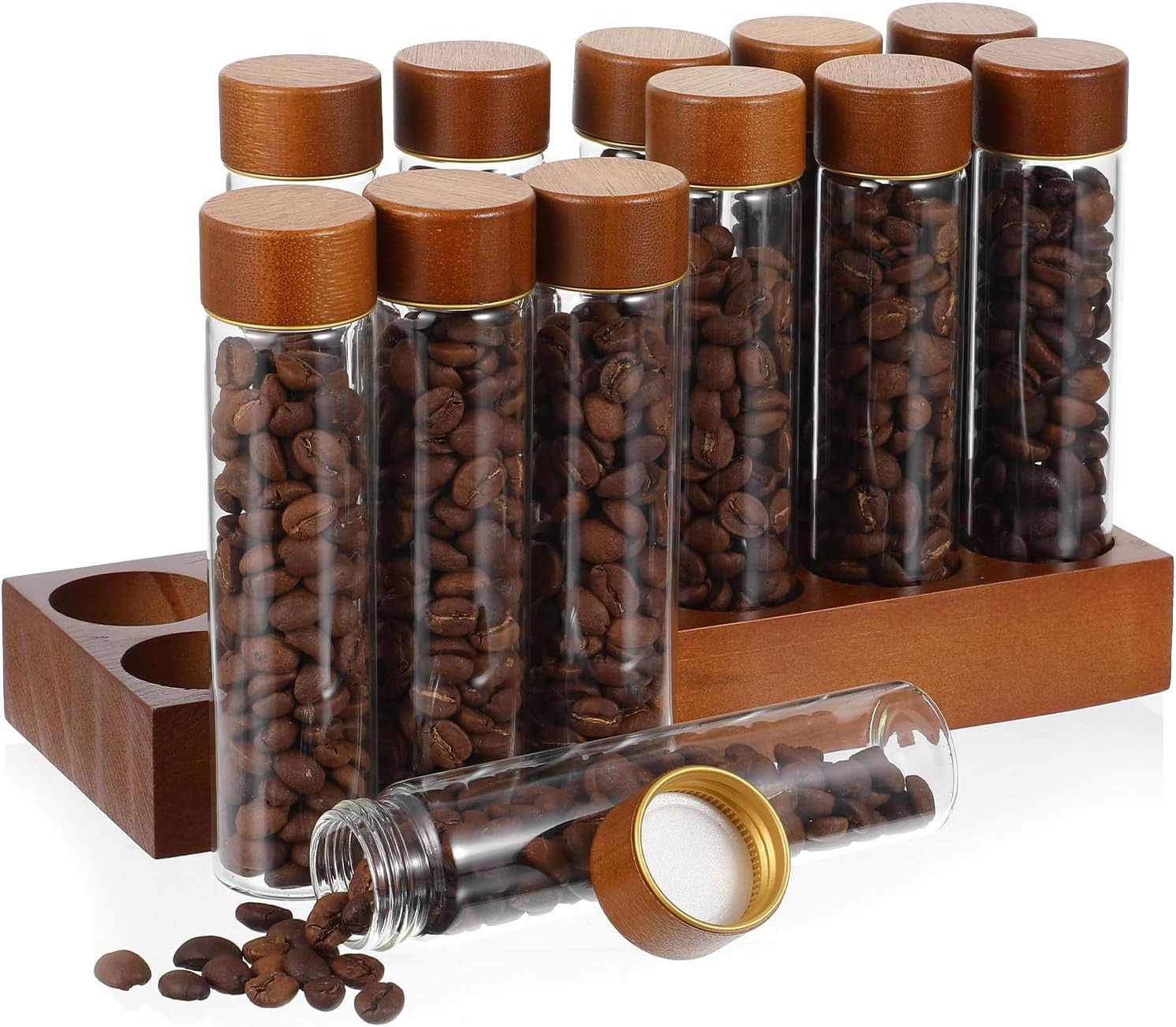 12-Pack Single Dose Coffee Bean Storage Tubes with Pine Wood Stand – Airtight Gl