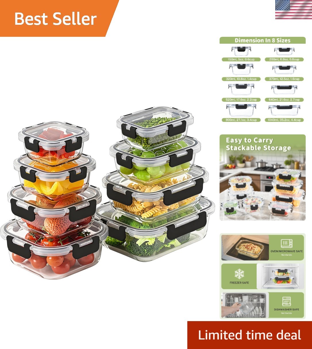 Elegant 8 Pack Borosilicate Glass Food Storage Containers – Airtight & BPA Free