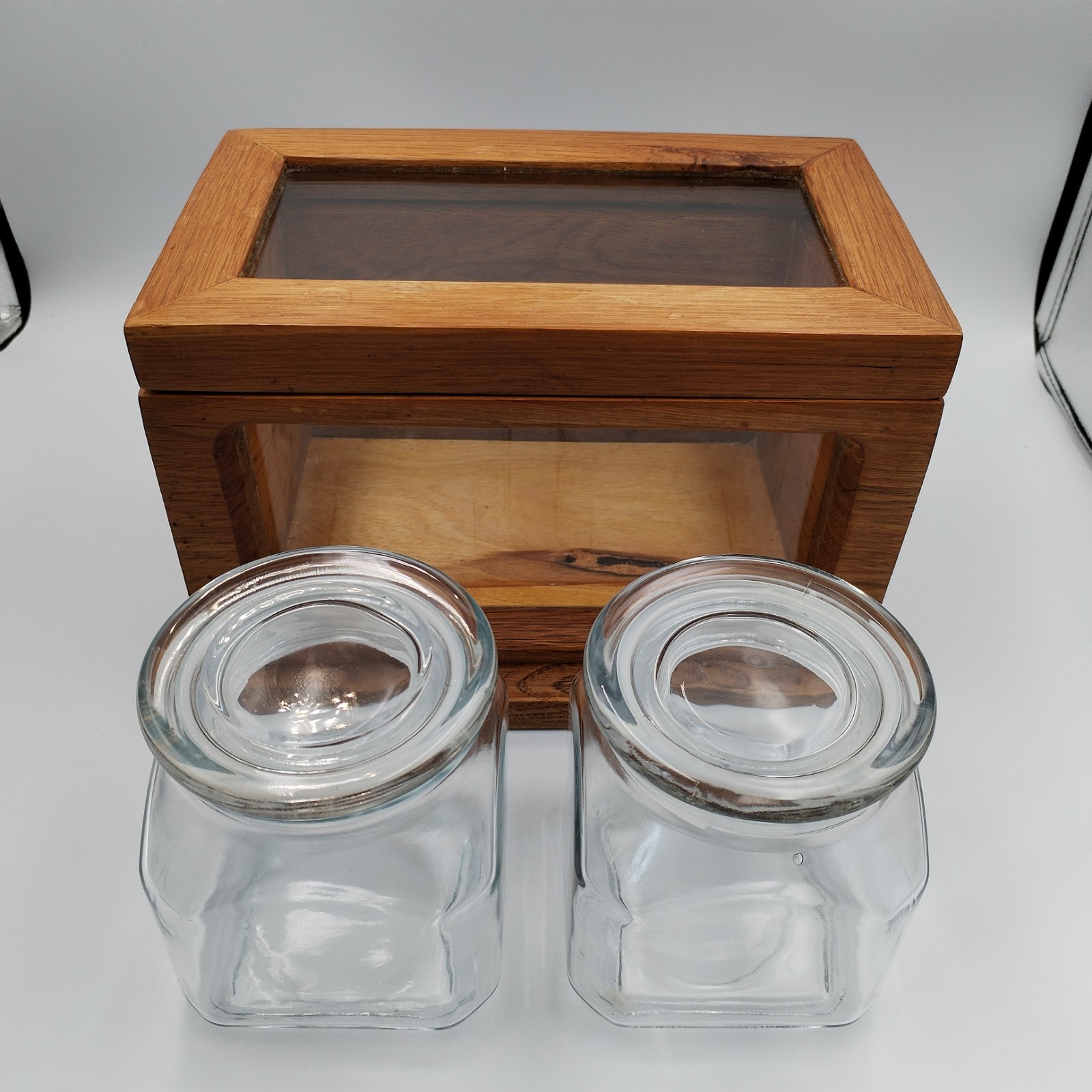 Vintage Wood Glass Display Caddy Box with 2 Clear Glass Canister Jars Retro
