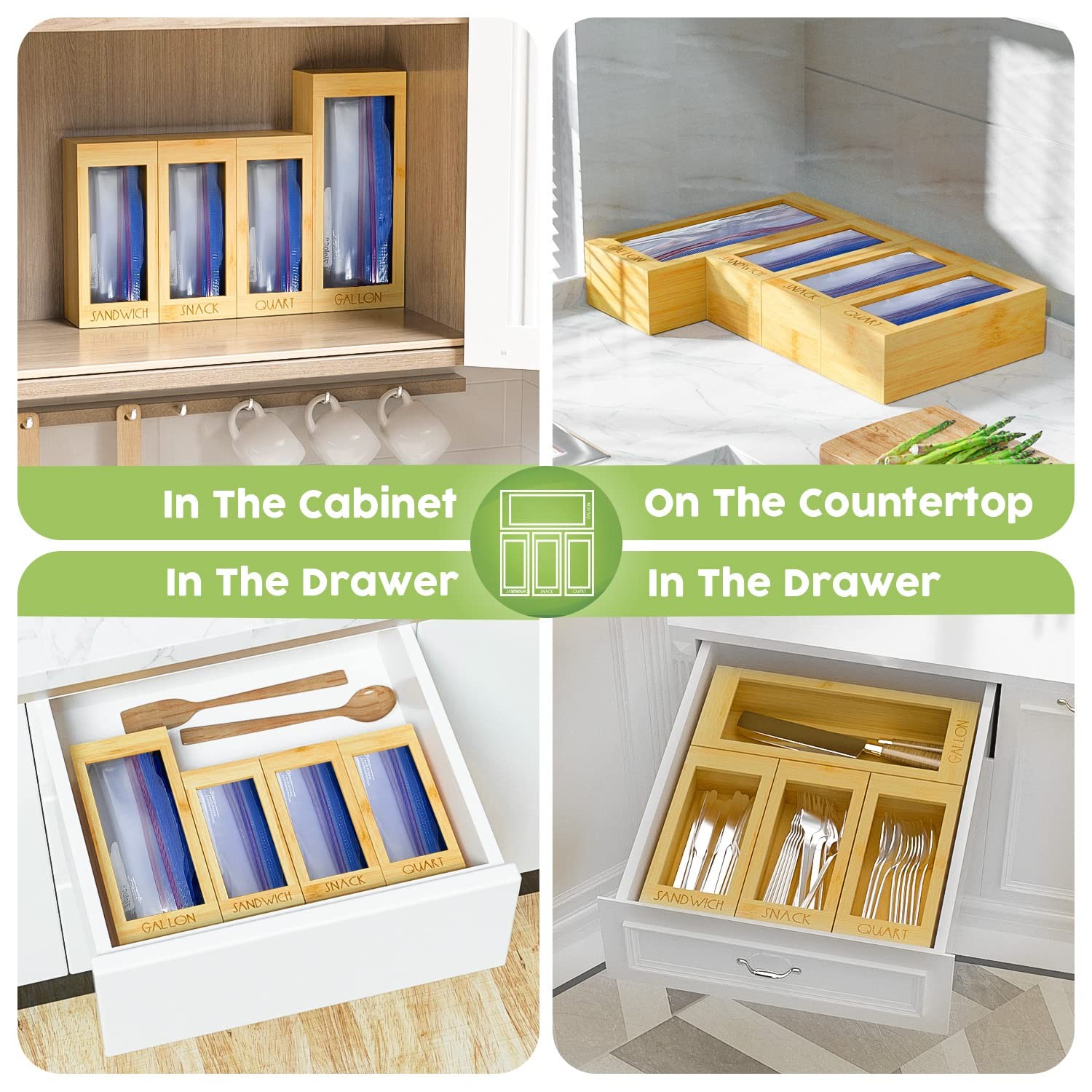 Bamboo Storage Bag Organizer, 4 Separate Food Storage Bags, 12×14 Baggie Orga…