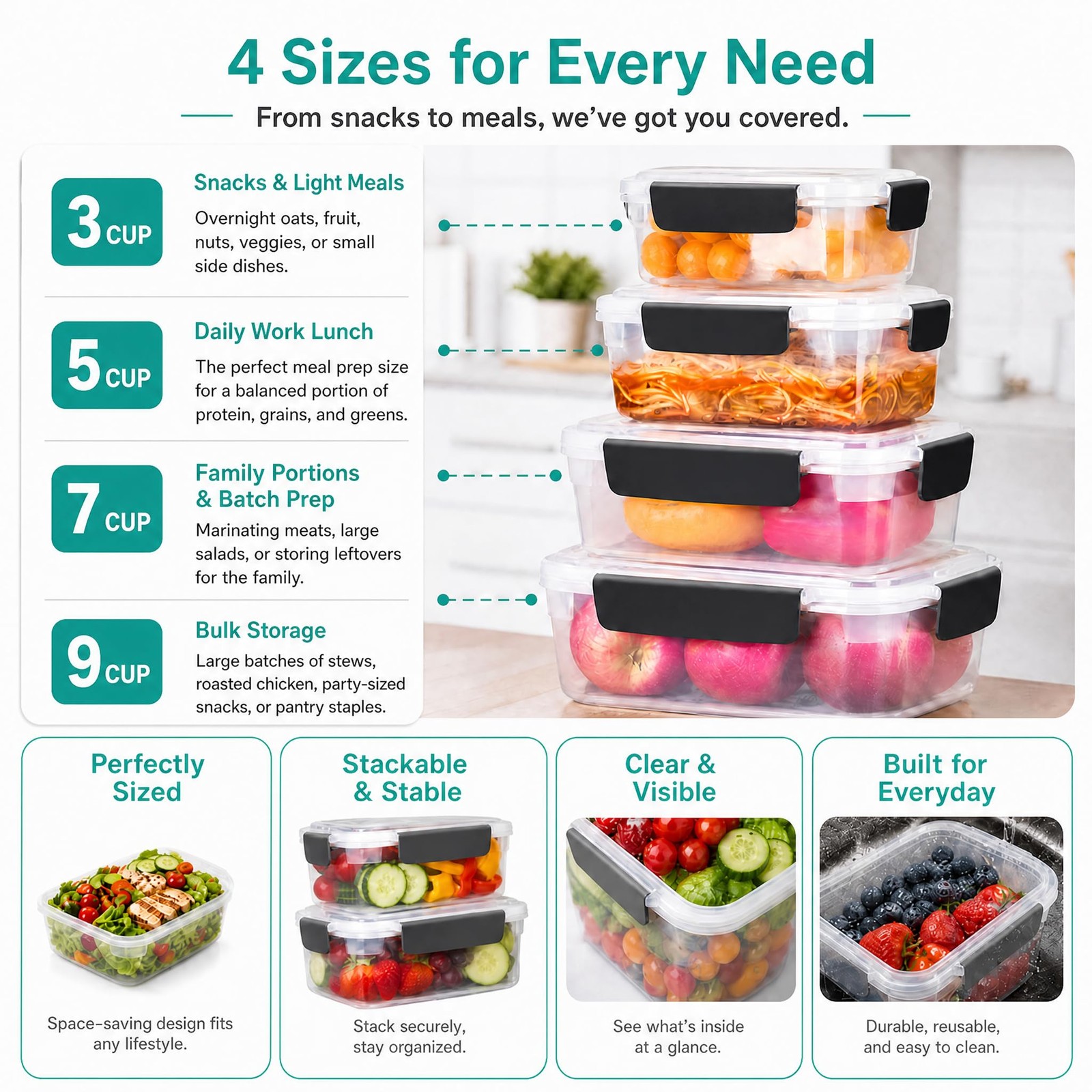 3~Cup Plastic Food Storage Containers with Lids, Nestable, 5~Pack