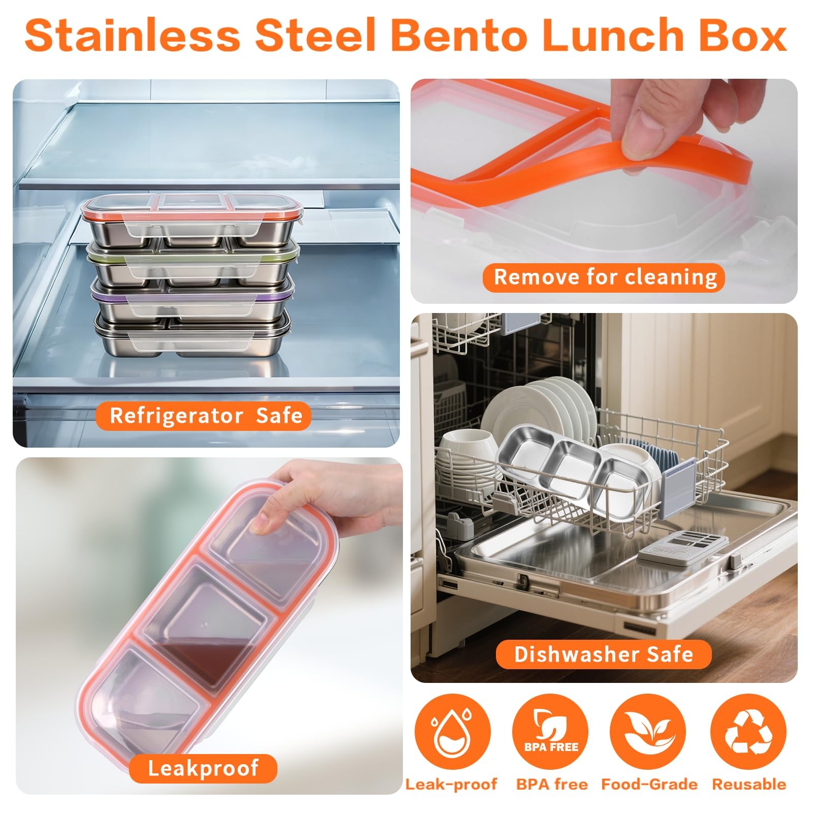 4 Pack Stainless Steel Snack Containers with Lids, 3-Compartments Reusable Lu…