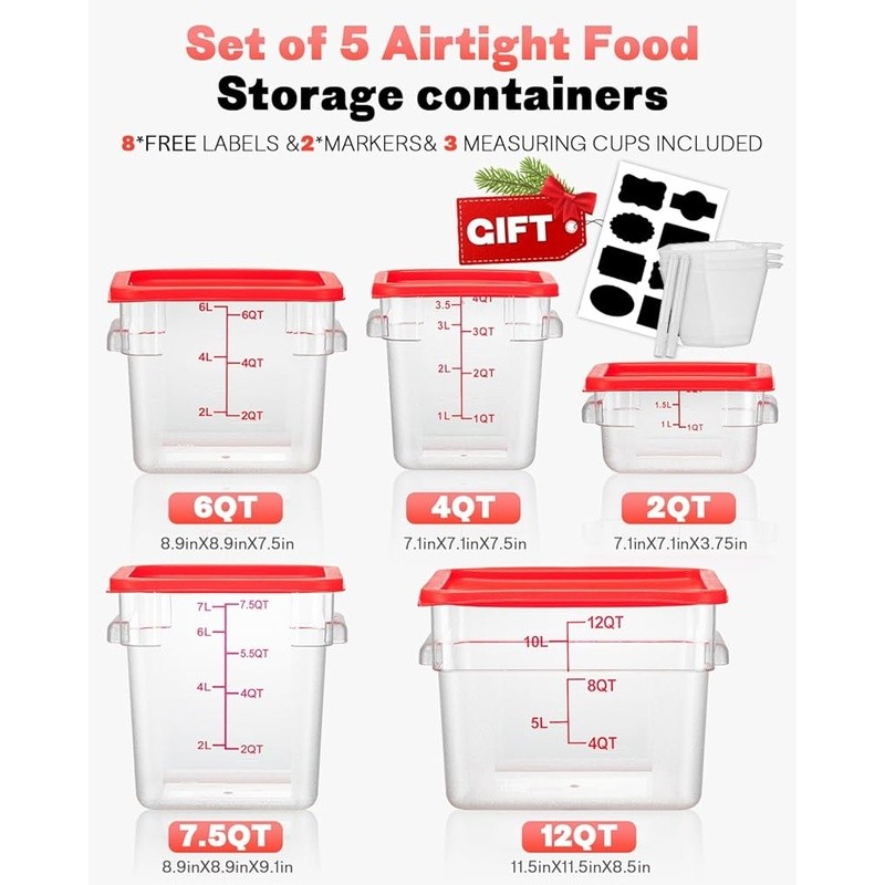 Food Storage Container Set 4PC 8QT Clear Durable Stackable BPA Free Lids Labels