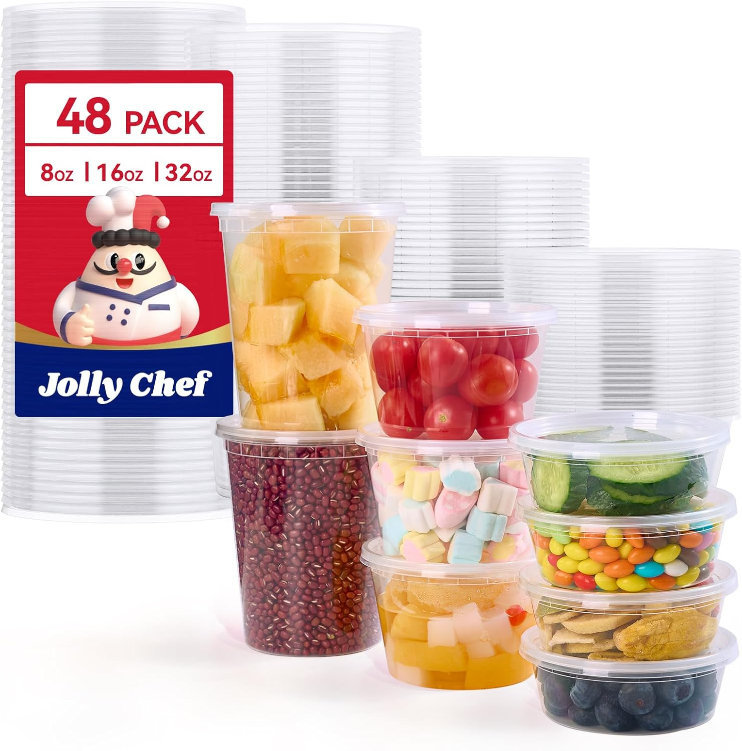 Deli Food Storage Containers with Lids: [48 Sets 3 Sizes] 8 Oz, 16 Oz, 32 Oz Pla