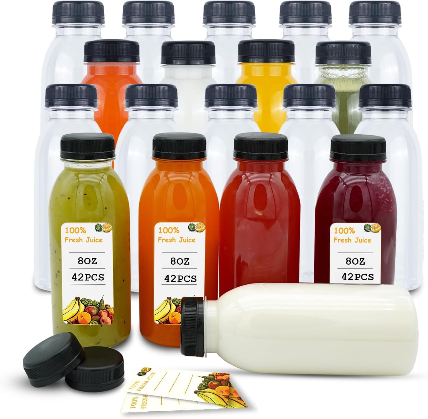 Holotap 42 Pcs 8 OZ Plastic Juice Bottles with Caps, Empty Clear Disposable B…