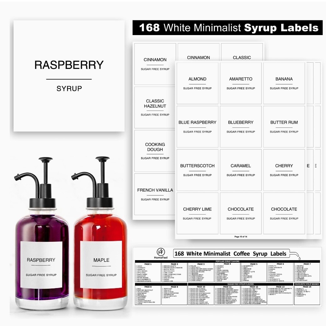168 Coffee Syrup Labels for Coffee Bar Accessories, Minimalist Fancy Decor