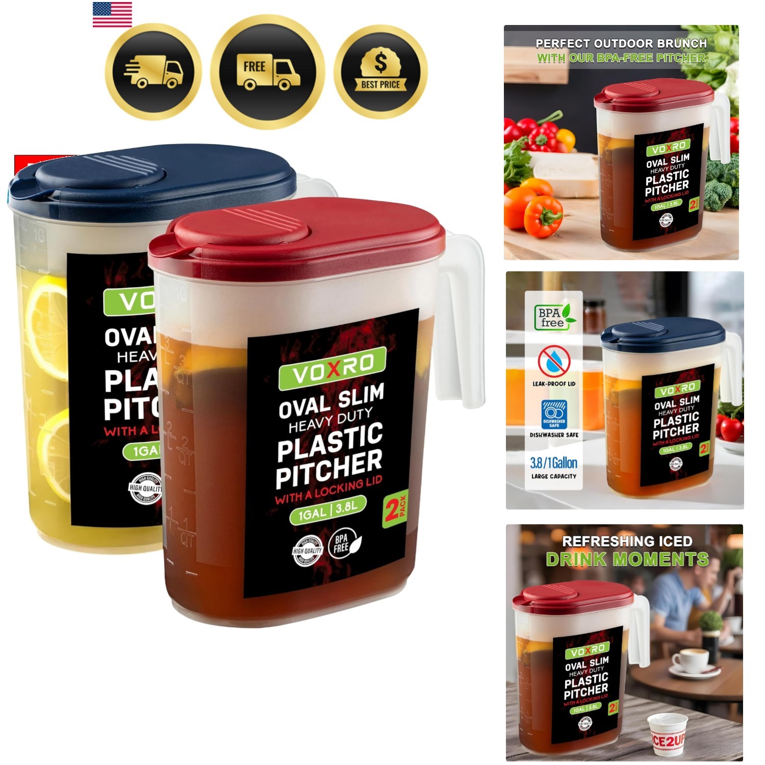 2-Pack Oval Slim Plastic Pitchers With Lids – 1 Gallon, Flip-Top Pivot Spout,…