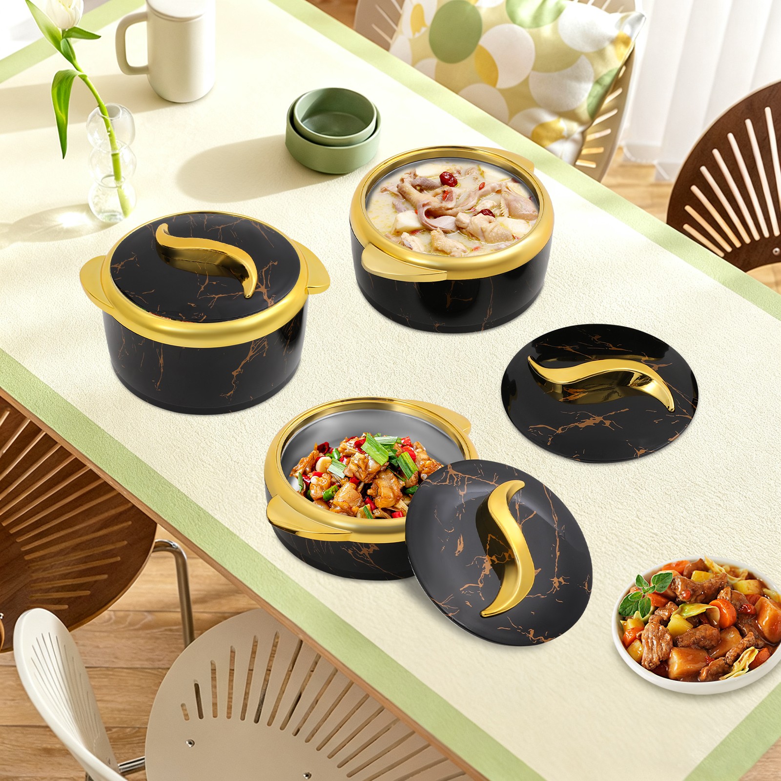 3PCS Insulated Containers Round Thermal Dish Set Hot&Cold Food w/ Lids