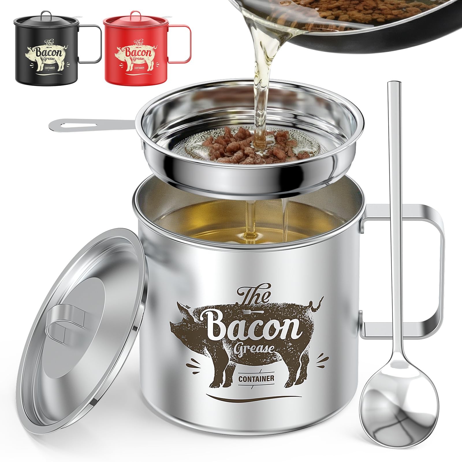 PGYARD Mini Bacon Grease Saver With Strainer 20 OZ Stainless Steel Oil Conta…