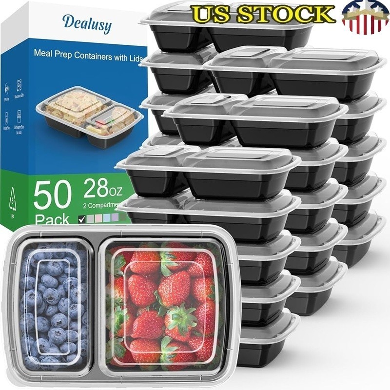 Sturdy Reusable Meal Prep Containers 28oz 2 Compartment BPA Free 50 Pack New