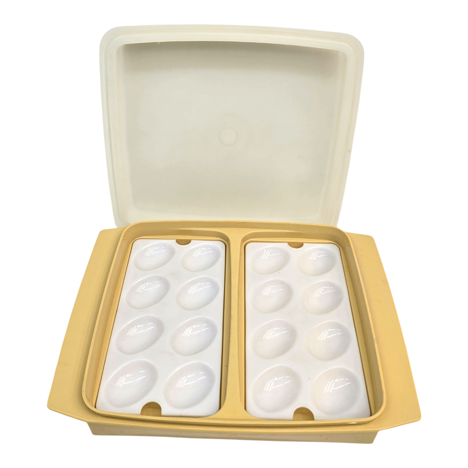 Tupperware 723-3 Vintage 16 Deviled Egg Kepper Storage Container White Yellow
