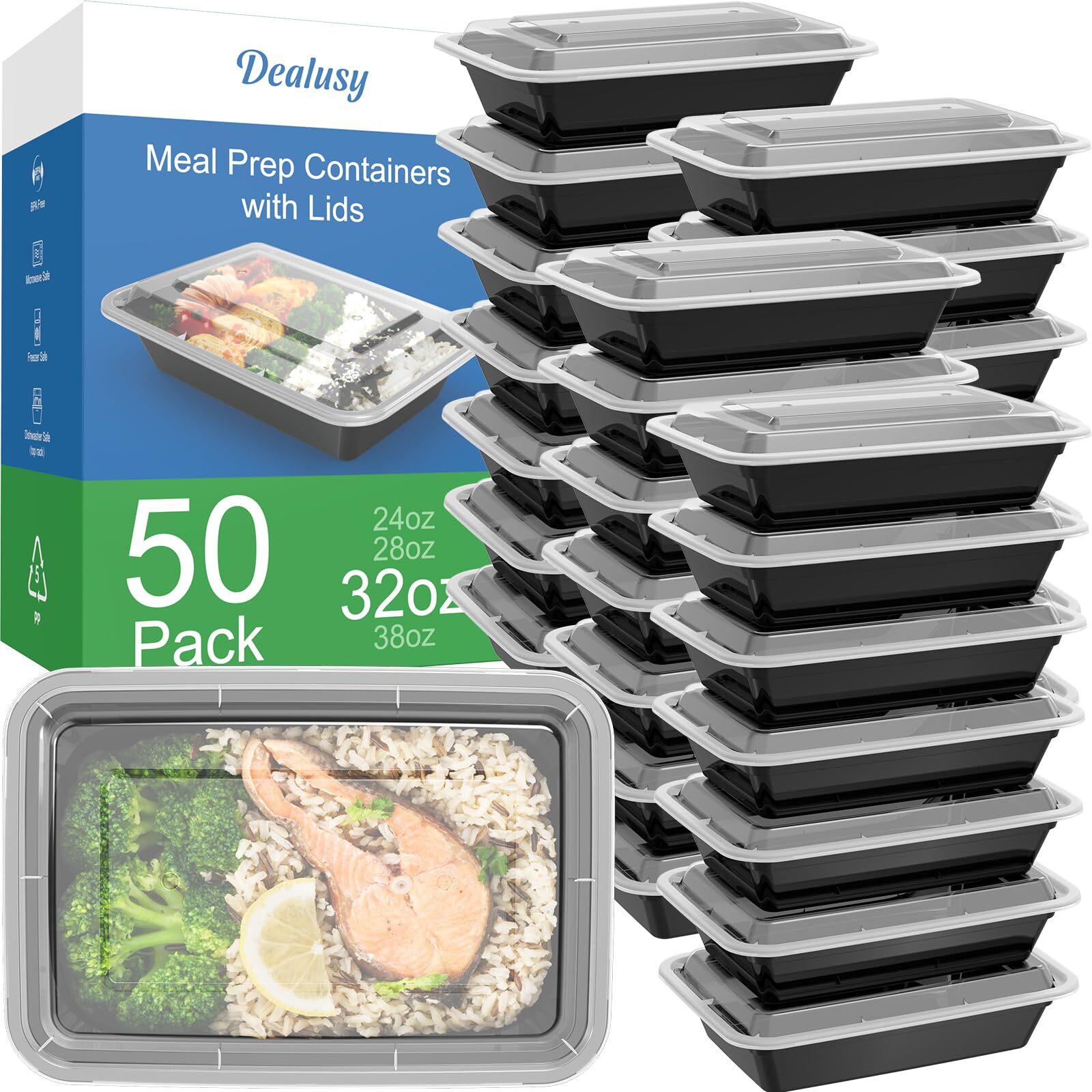 50 Pack (100-Piece) 32 oz Meal Prep Containers Reusable with Lids, Sturdy Lea…
