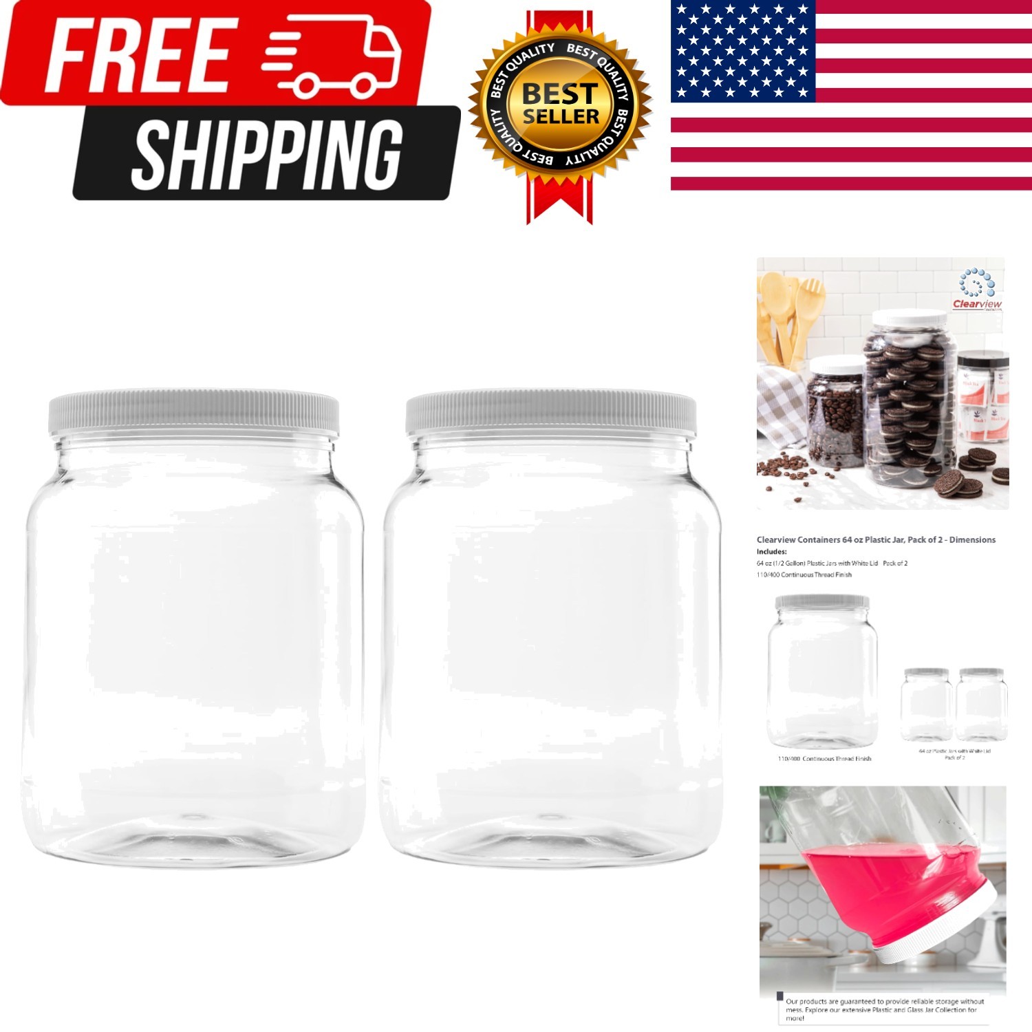Plastic Storage Jars with Leak Proof Lids, BPA Free, Hand Wash Only 64oz, 2PK…
