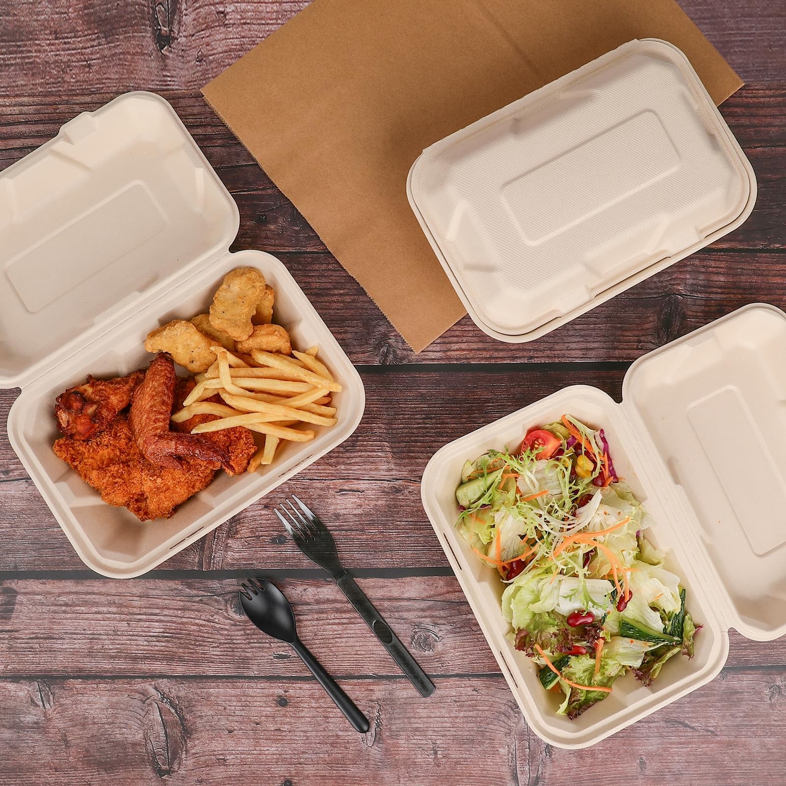 Compostable 50 Pack 9×6 Inch Takeout Lunch Containers with Lid To Go Take Out…