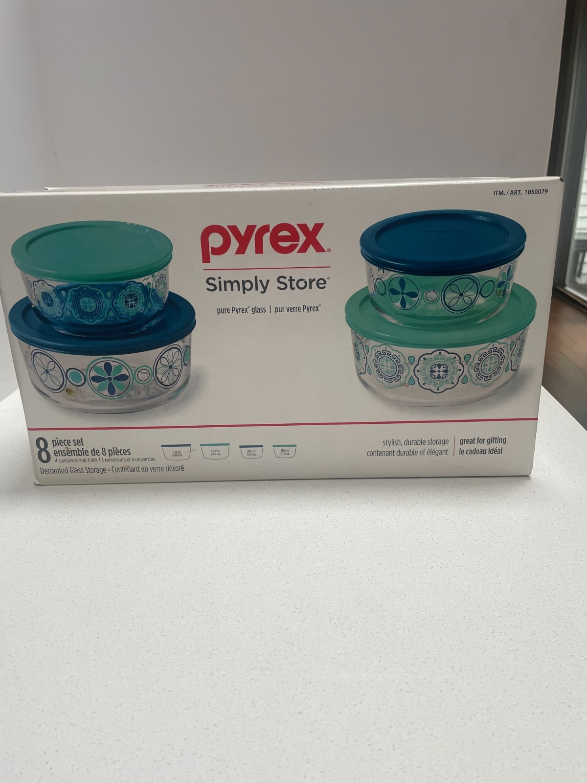 Rare 2018 PYREX Simply Store Pure Glass 8 pc Set Blue & Mint Decorated NIB NOS!!