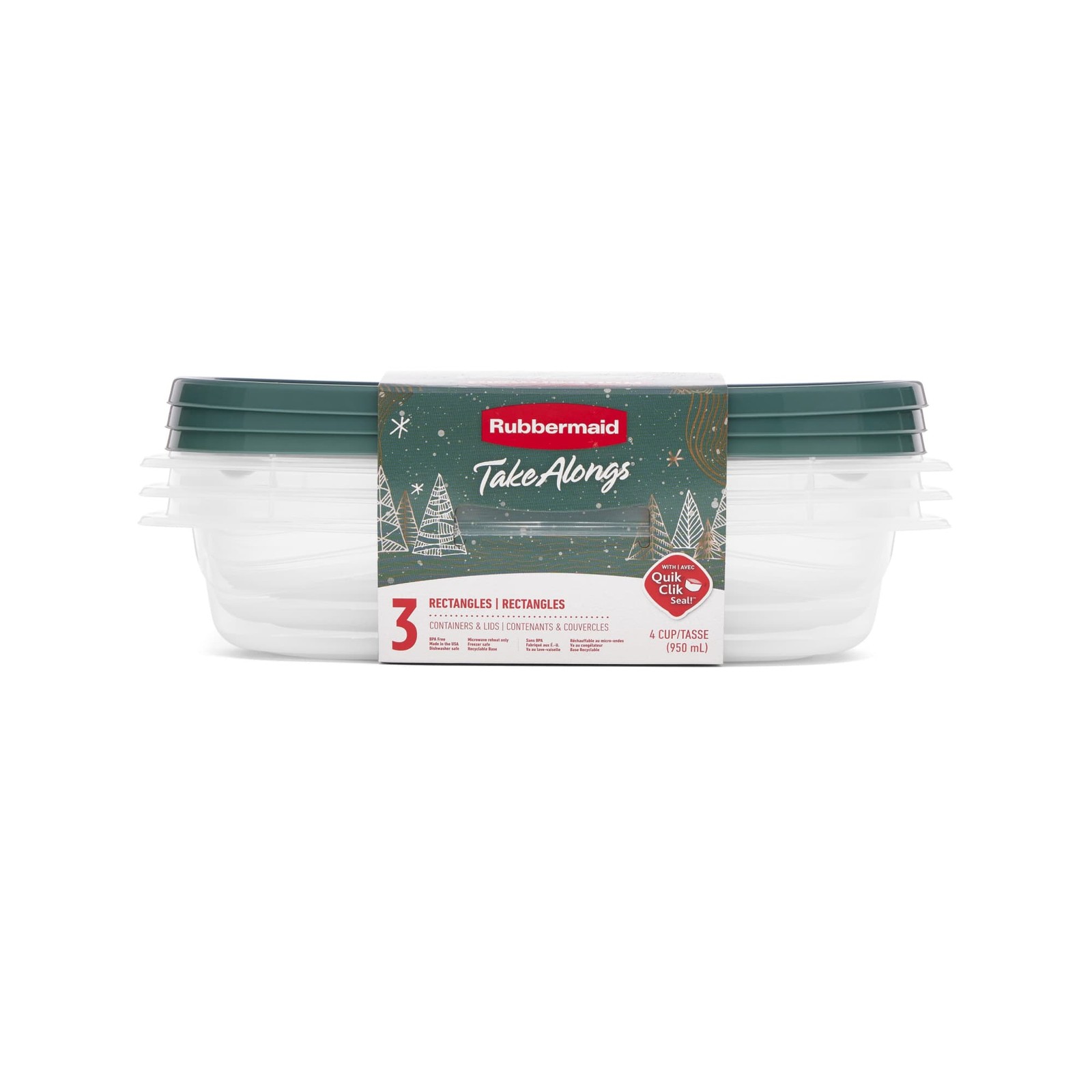 Rubbermaid Clear Food Storage Container with Lid, 4 Cup, Green, Pack of 3