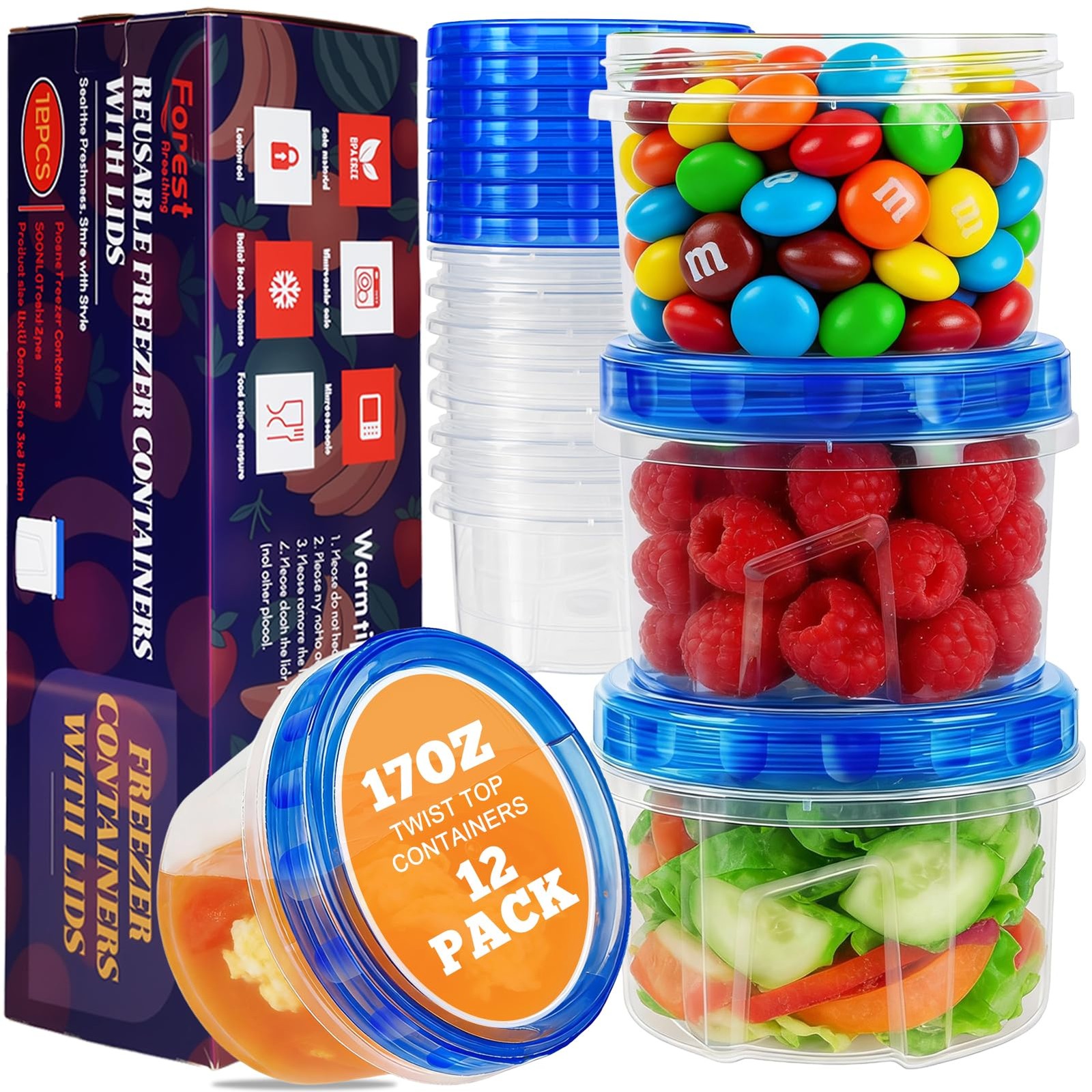 12 Pack 17oz Reusable Freezer Storage Containers with Twist Top Lids Airtight…