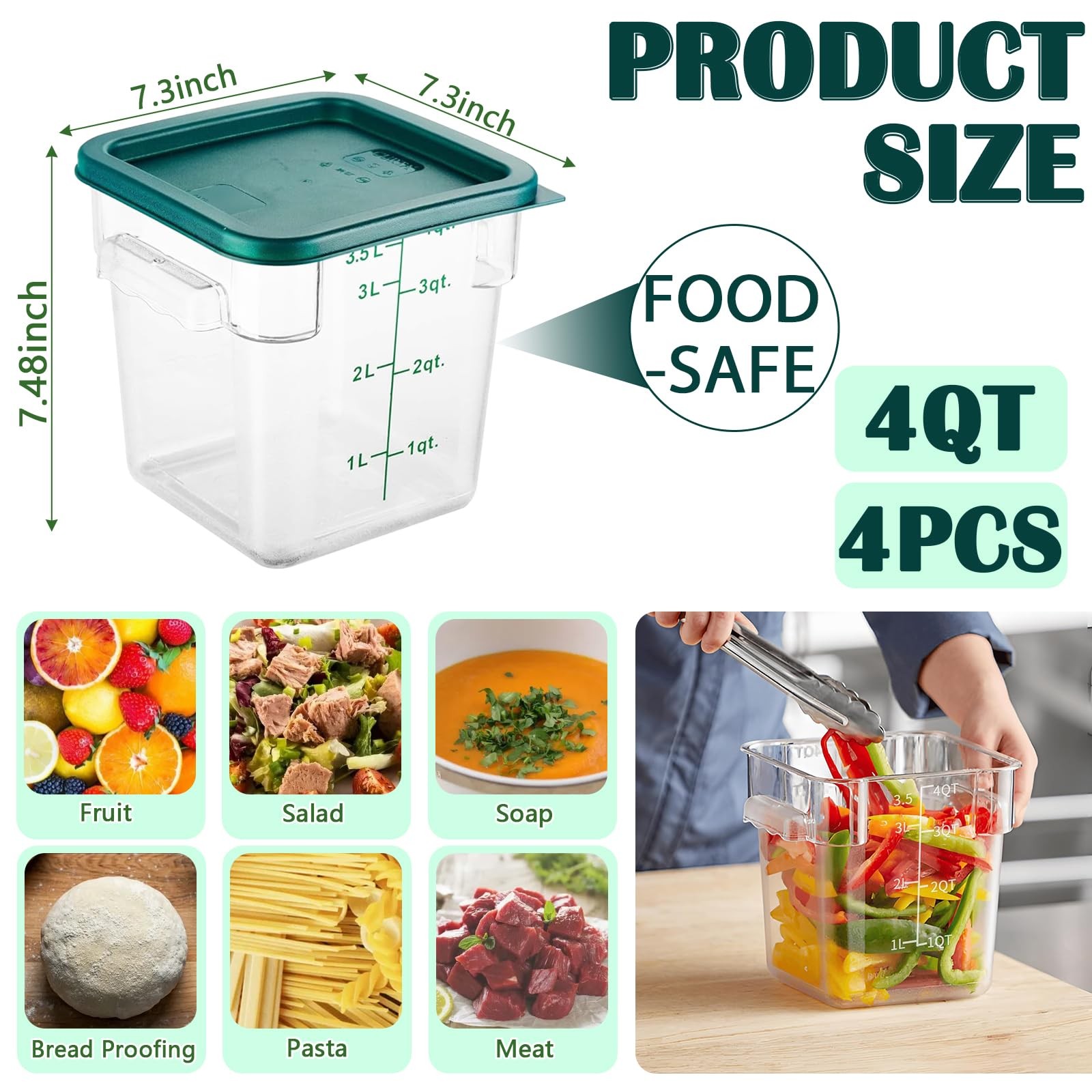 4 Pack 4QT Food Storage Containers with Green Lids, Clear Square 4QT,