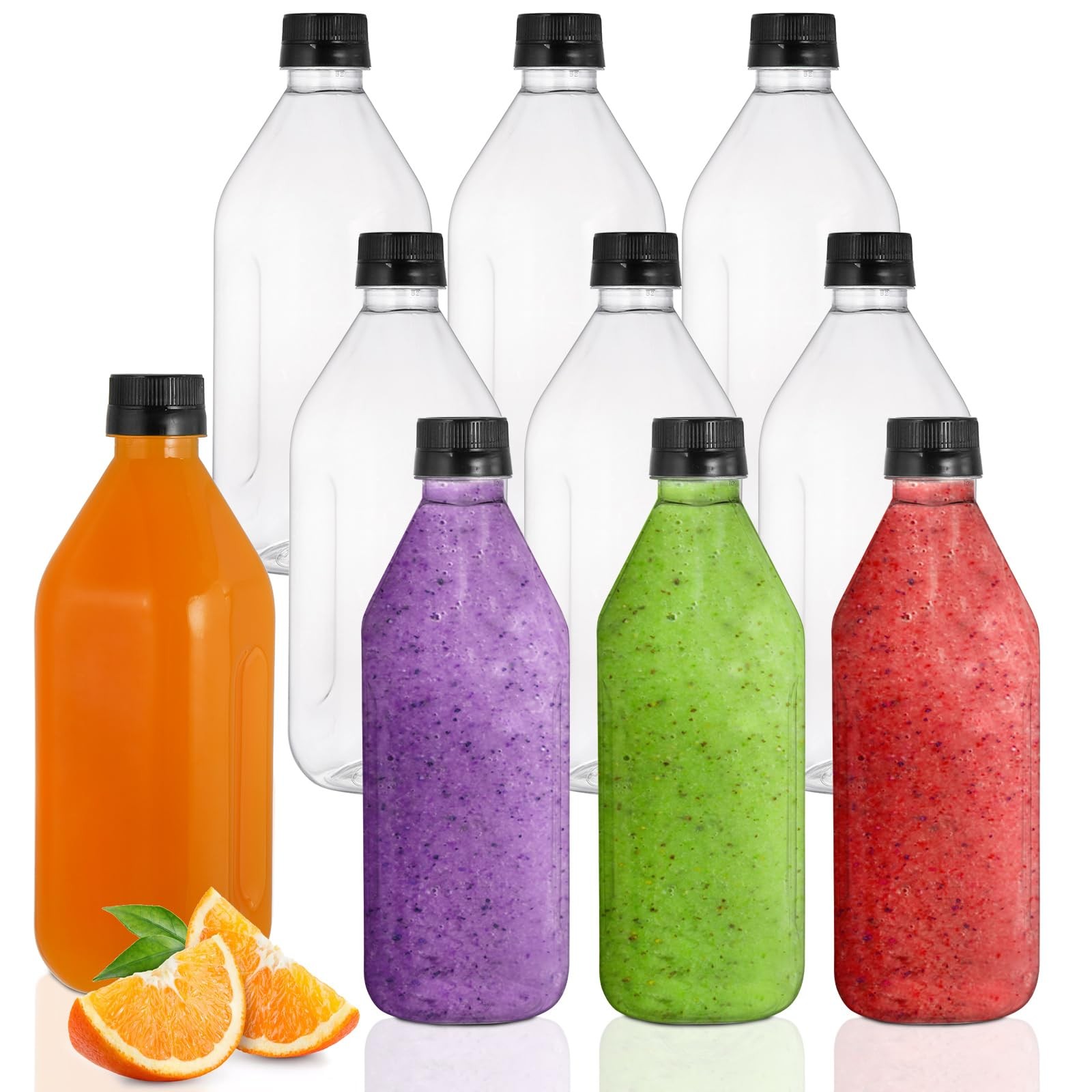 10 Pack 33oz Plastic Juice Bottles Black Caps 1L Empty Clear Soda Container