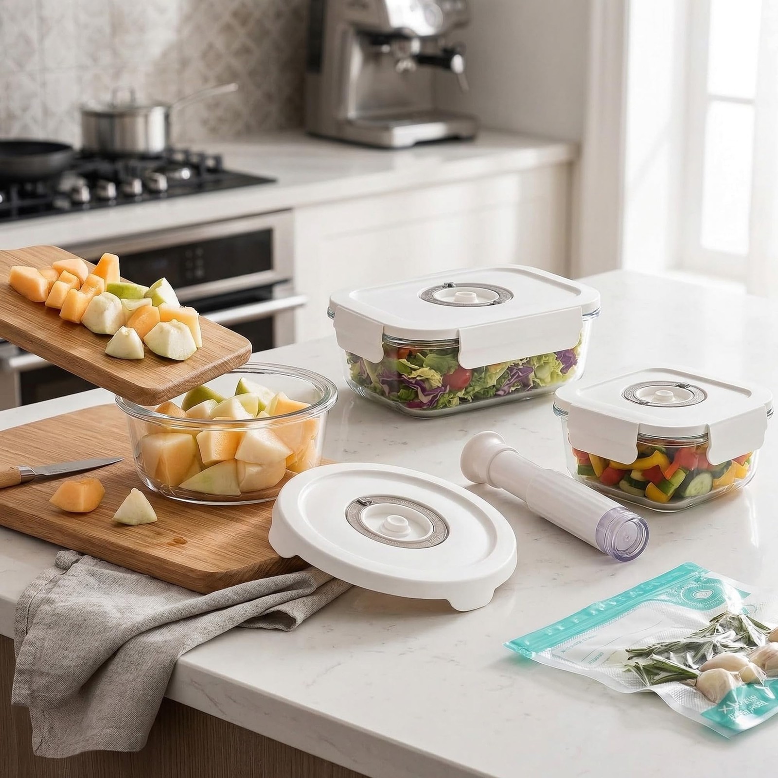 – Glass Vacuum Sealable Container Set – 9 Pieces, 6 Sizes, Hand Pump, 10 Bags