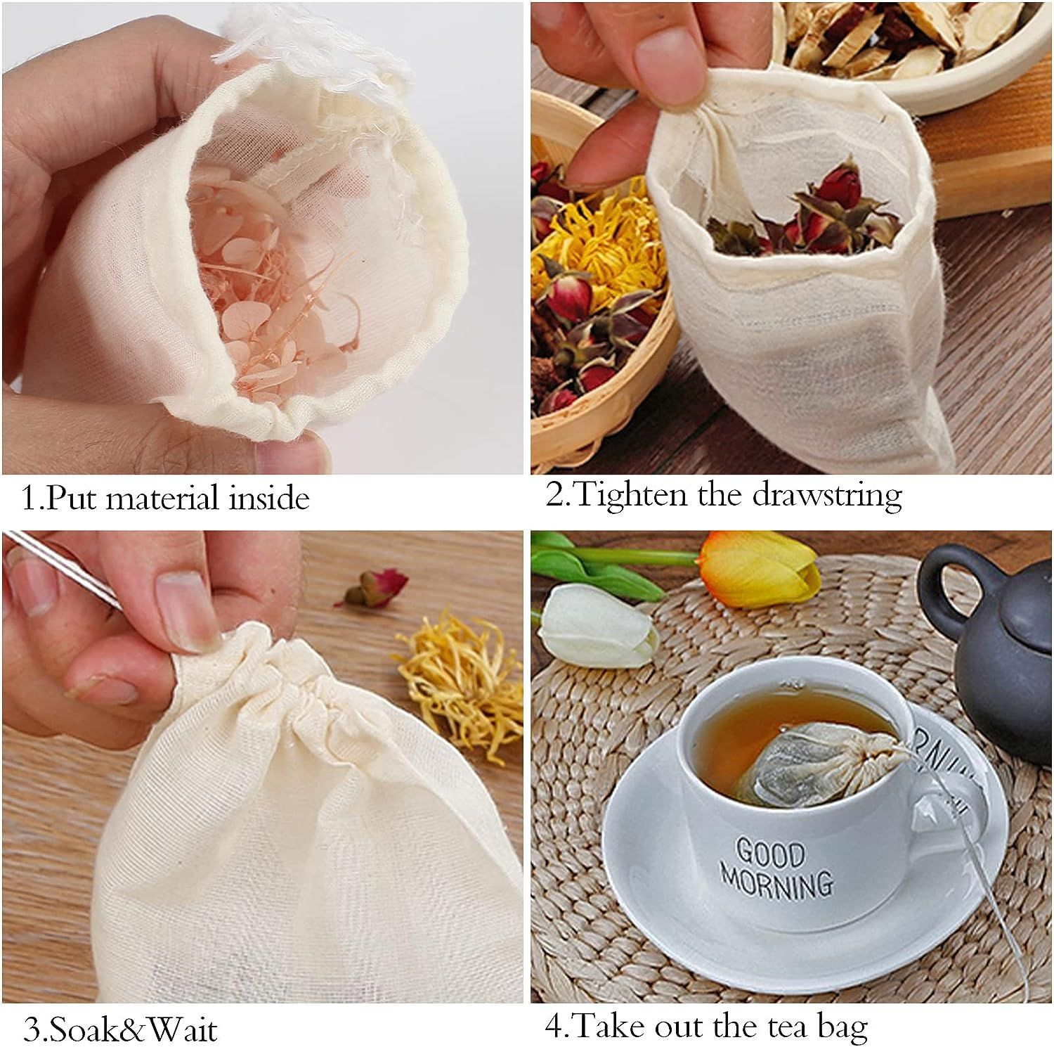 TamBee 3 x 4 Inch Drawstring Tea Bag Muslin Mesh Bags Cream,white