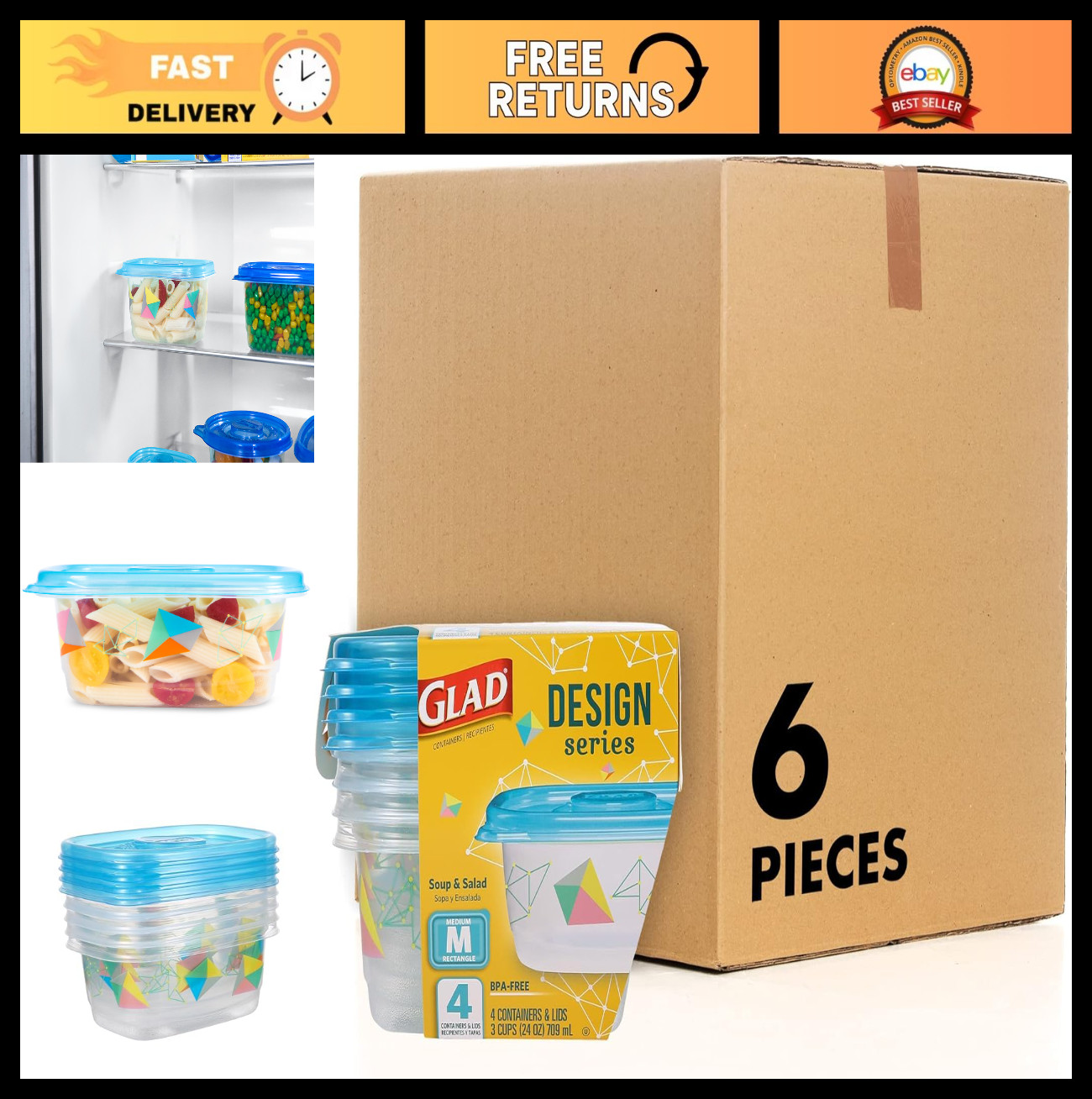 Food Storage Containers with Lids, BPA Free, Medium Rectangle, 24 Oz, 6 Pack, Mi