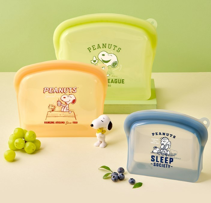 LocknLock Snoopy Silicone Food Storage Bag Set Reusable Zip Bag Peanuts Korea 3P