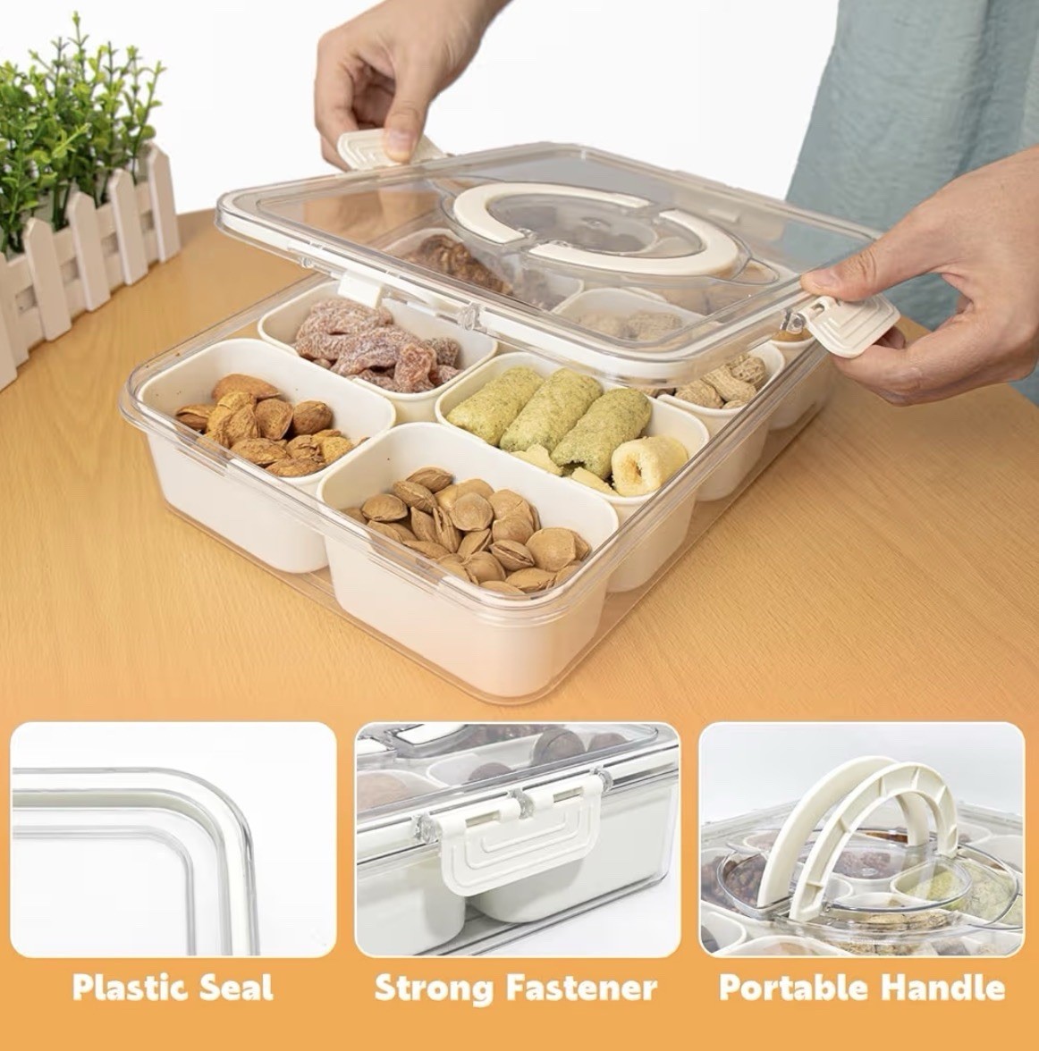 CWC 8-Compartment Plastic Snack Container Clear/Beige Rectangular Handle Lid