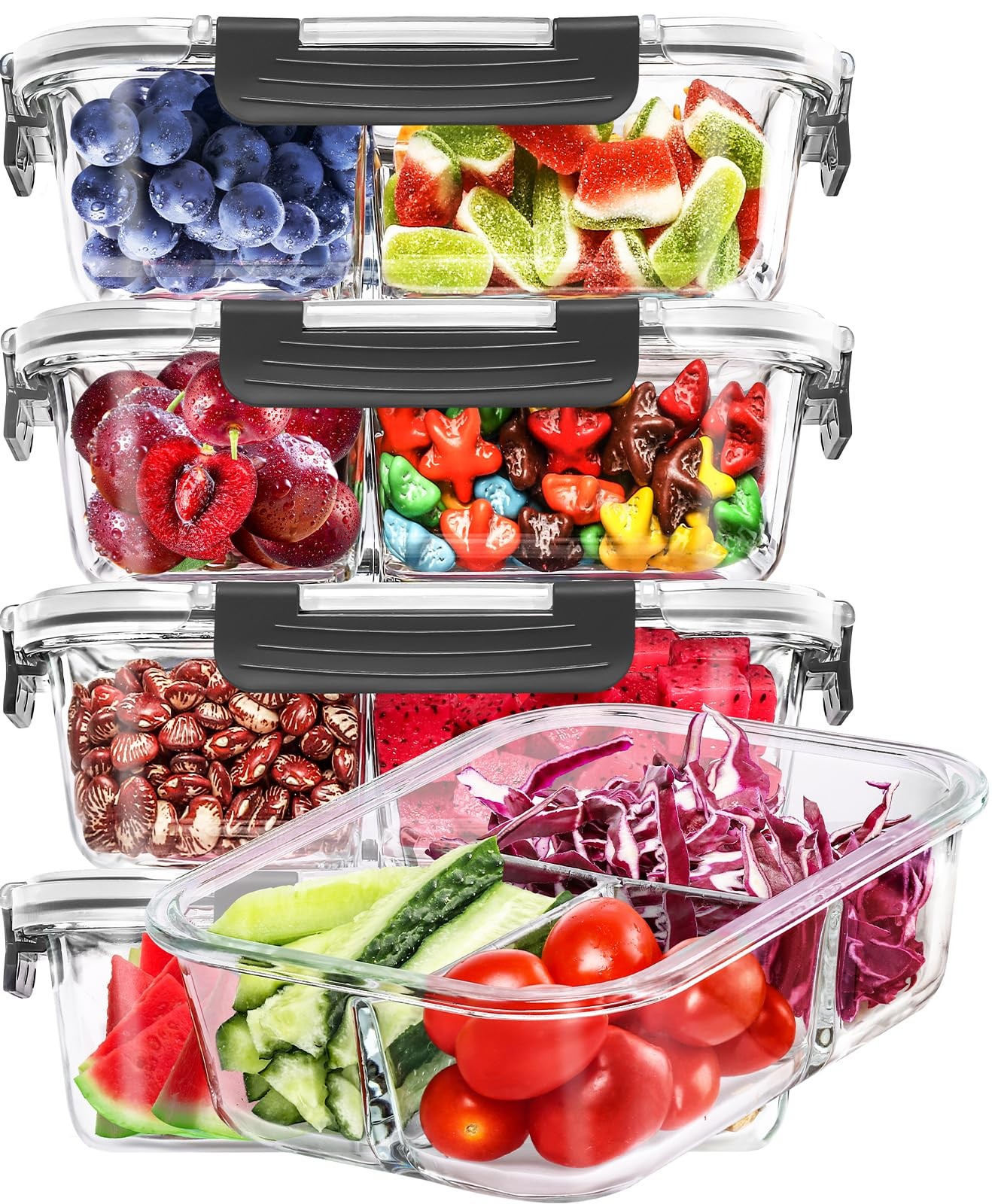 5-Packs 36OZ Glass Airtight Food Storage Containers 3 Compartments, Meal Prep…
