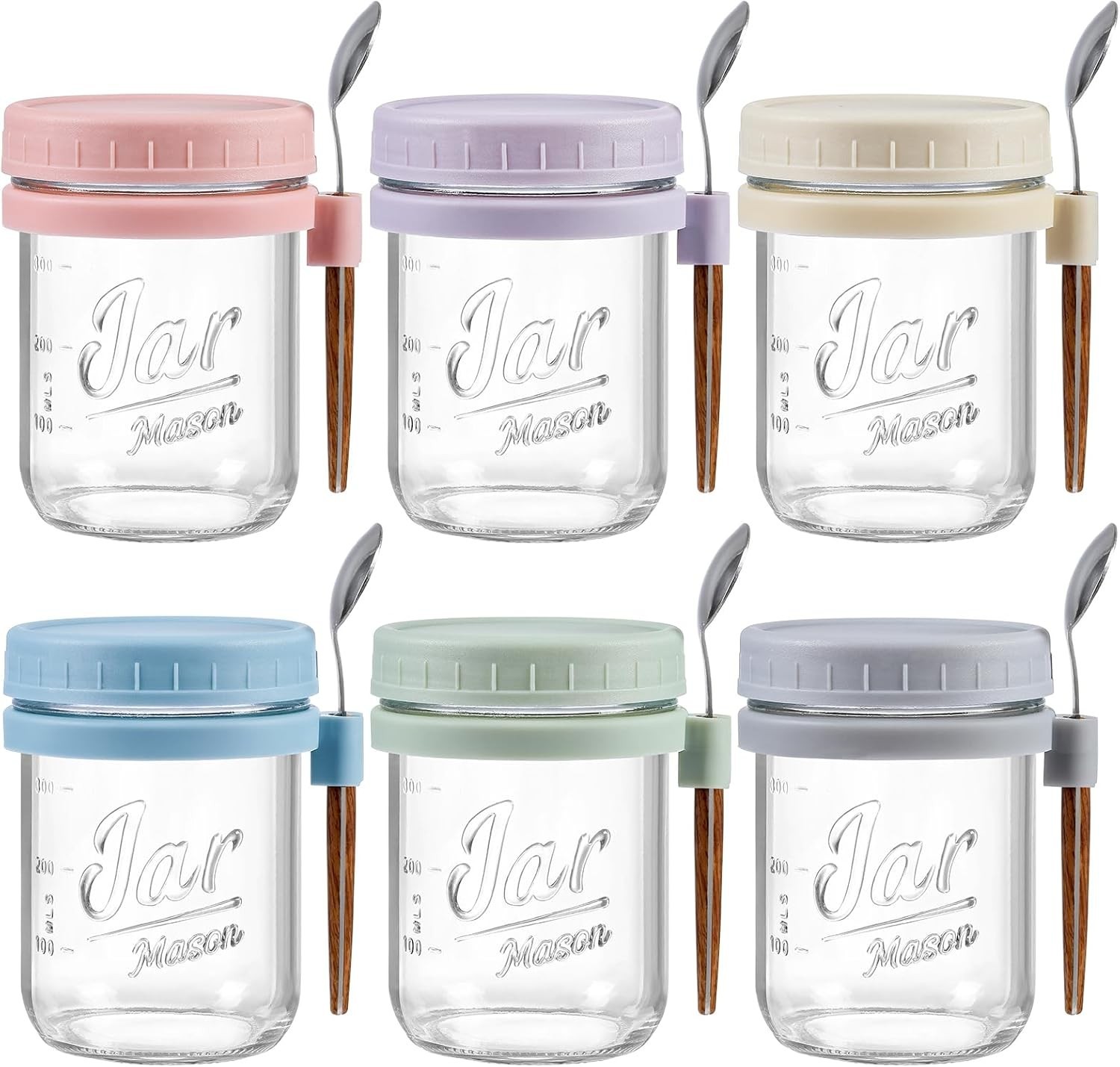 6 Pack Overnight Oats Containers with Lids and Spoons, 16 oz Glass Mason Over…