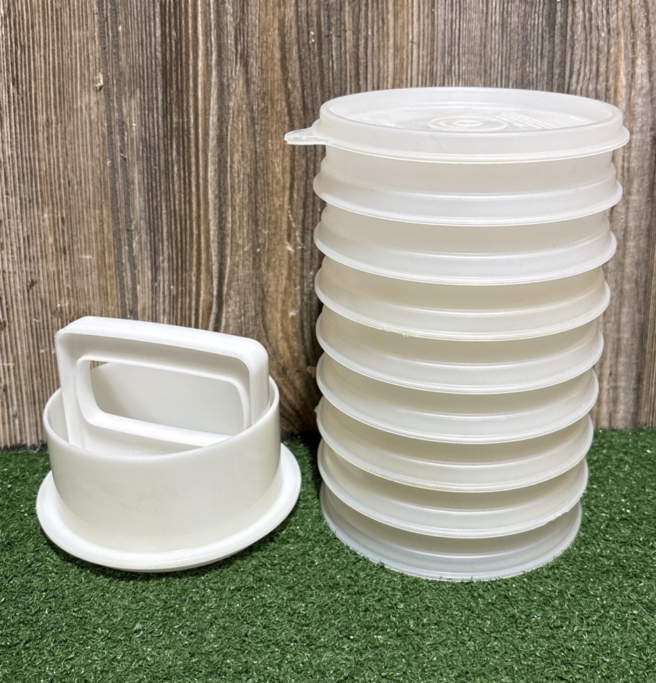 Vintage Tupperware Set of 8 Hamburger Keepers #882 Patty Press, Ring & Lid 4″