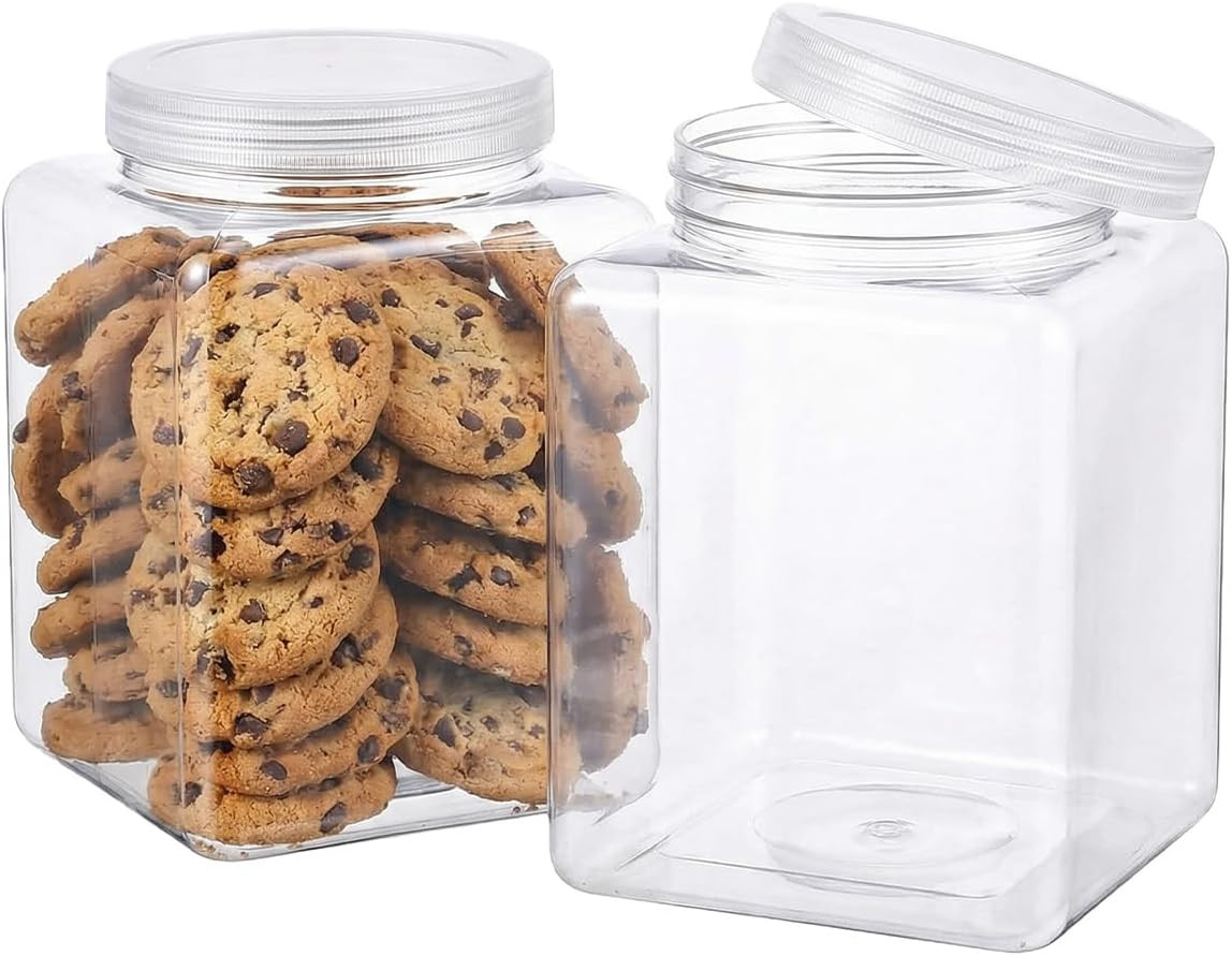 Clear Plastic Jars With Lids, 2 Pack 74 Oz Half Gallon Plastic Square Airtight F