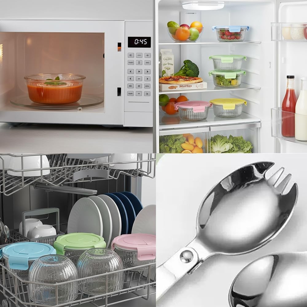 12oz Round Glass Food Storage Containers with Lids and Foldable Cutlery, 1.5 …
