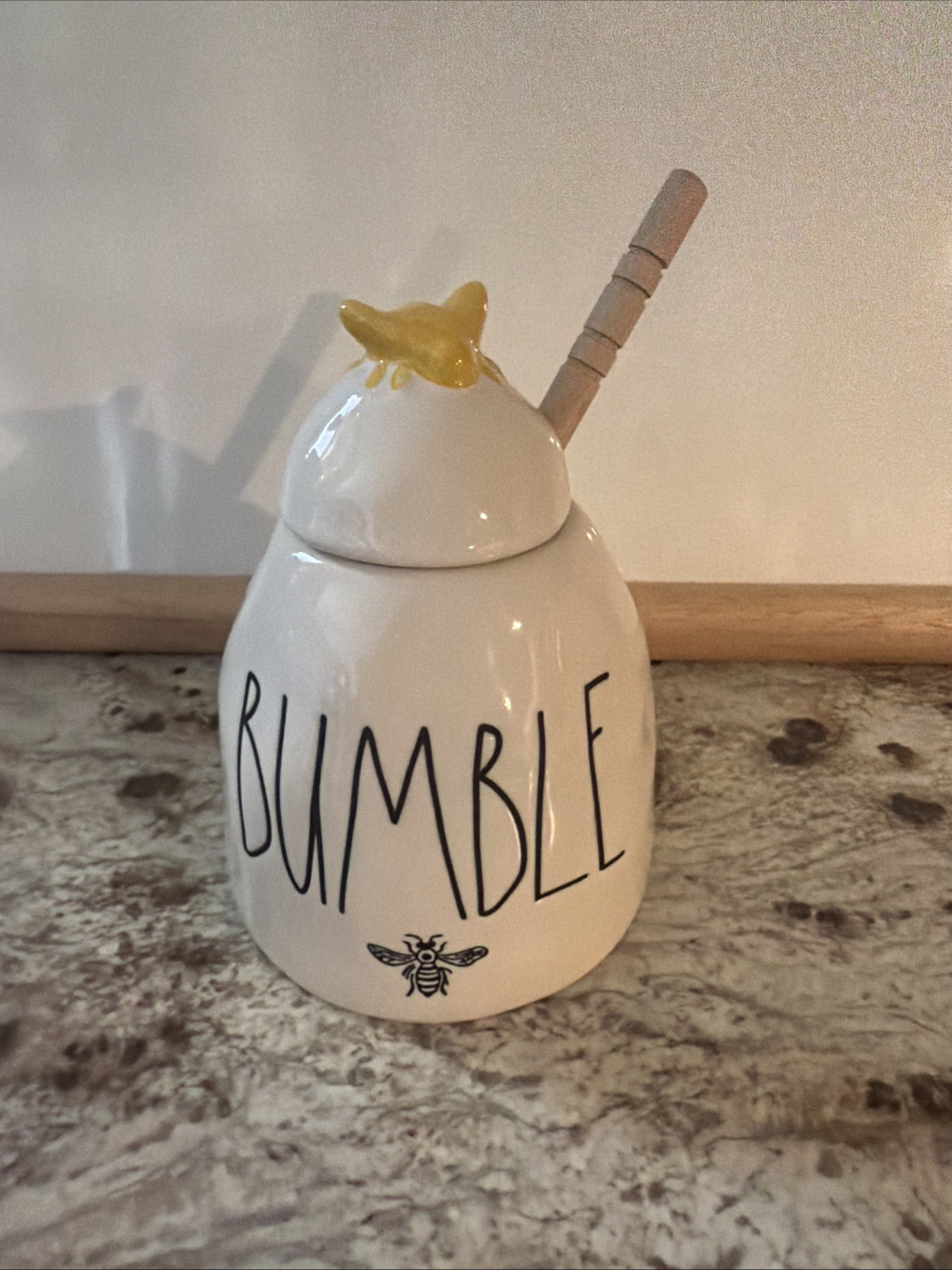 Rae Dunn BUMBLE 🐝 Bee Honey Ceramic Jar Wooden Wand Drizzler