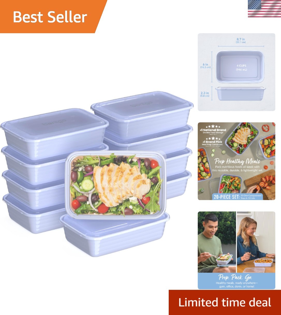 Elegant Periwinkle Meal Prep Containers – 20-Piece BPA-Free for Portion Control
