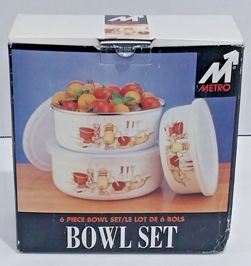 Vintage NOS Metro 6 pc Bowl Set, Enamelware Enamel on Steel ~KITCHEN PREP DESIGN