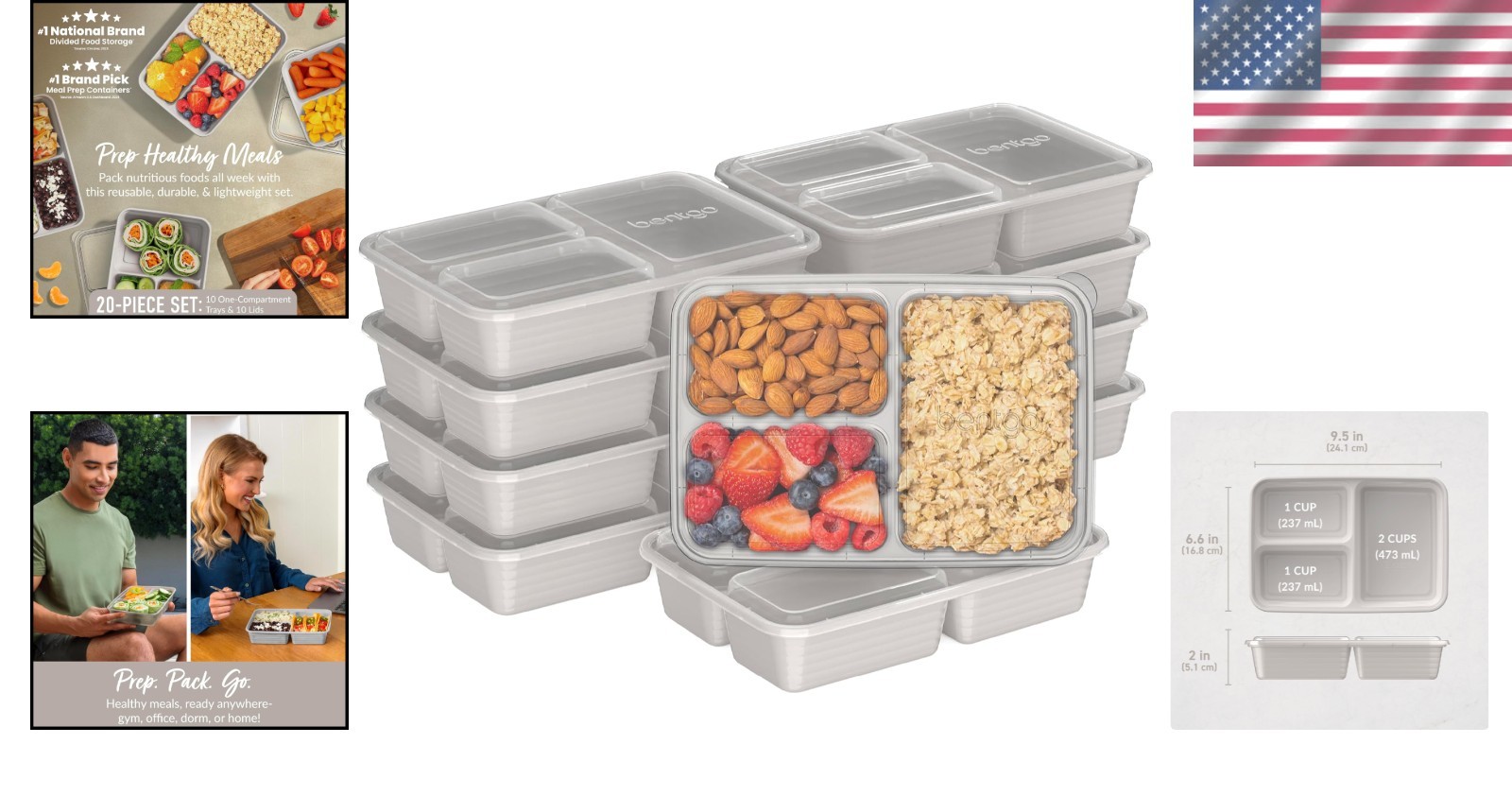 3-Compartment Meal Prep Container Set – 20 Pieces, Perfect for Healthy Portions