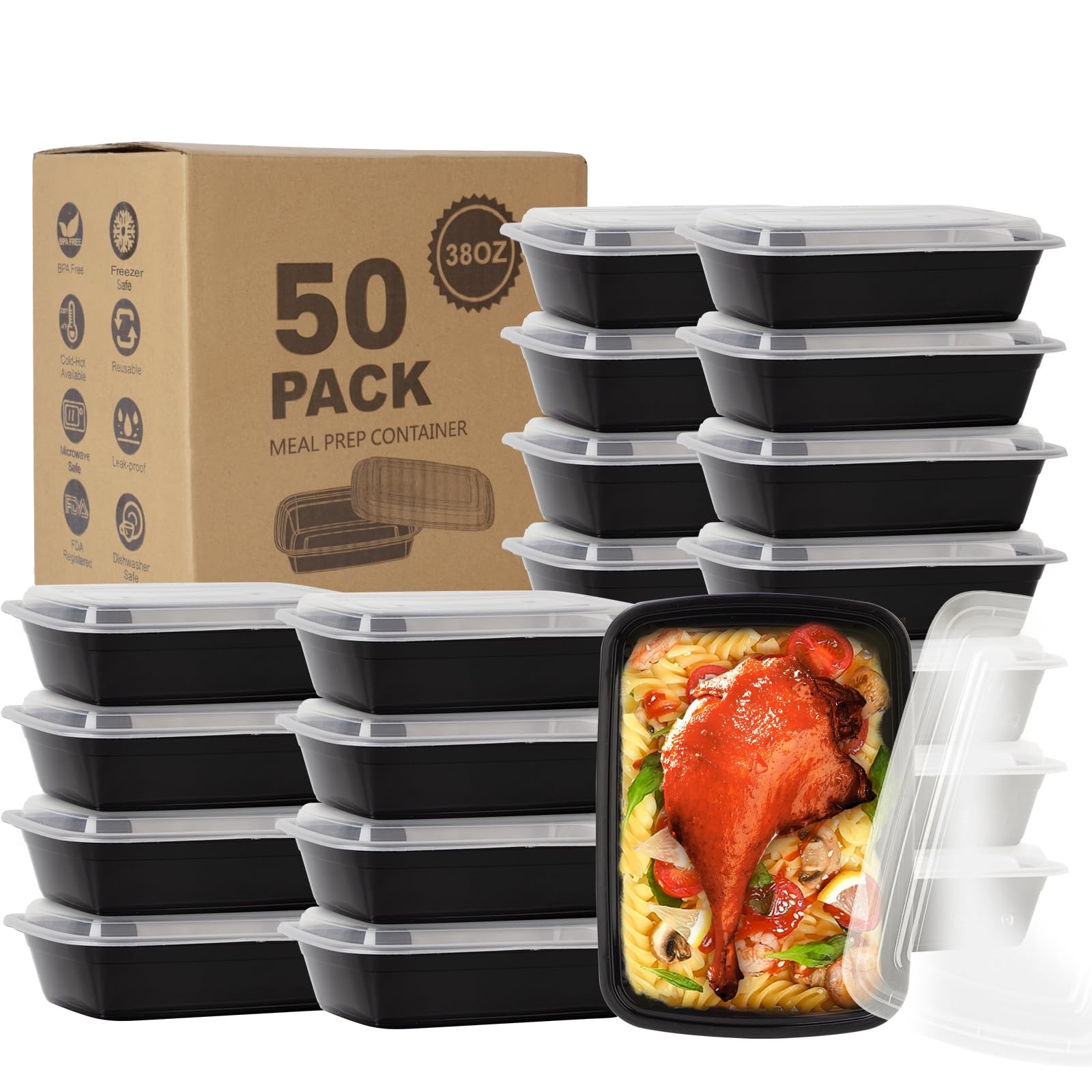 50 Pack- Meal Prep Containers 38oz, Plastic Food Prep Containers Reusable, Le…