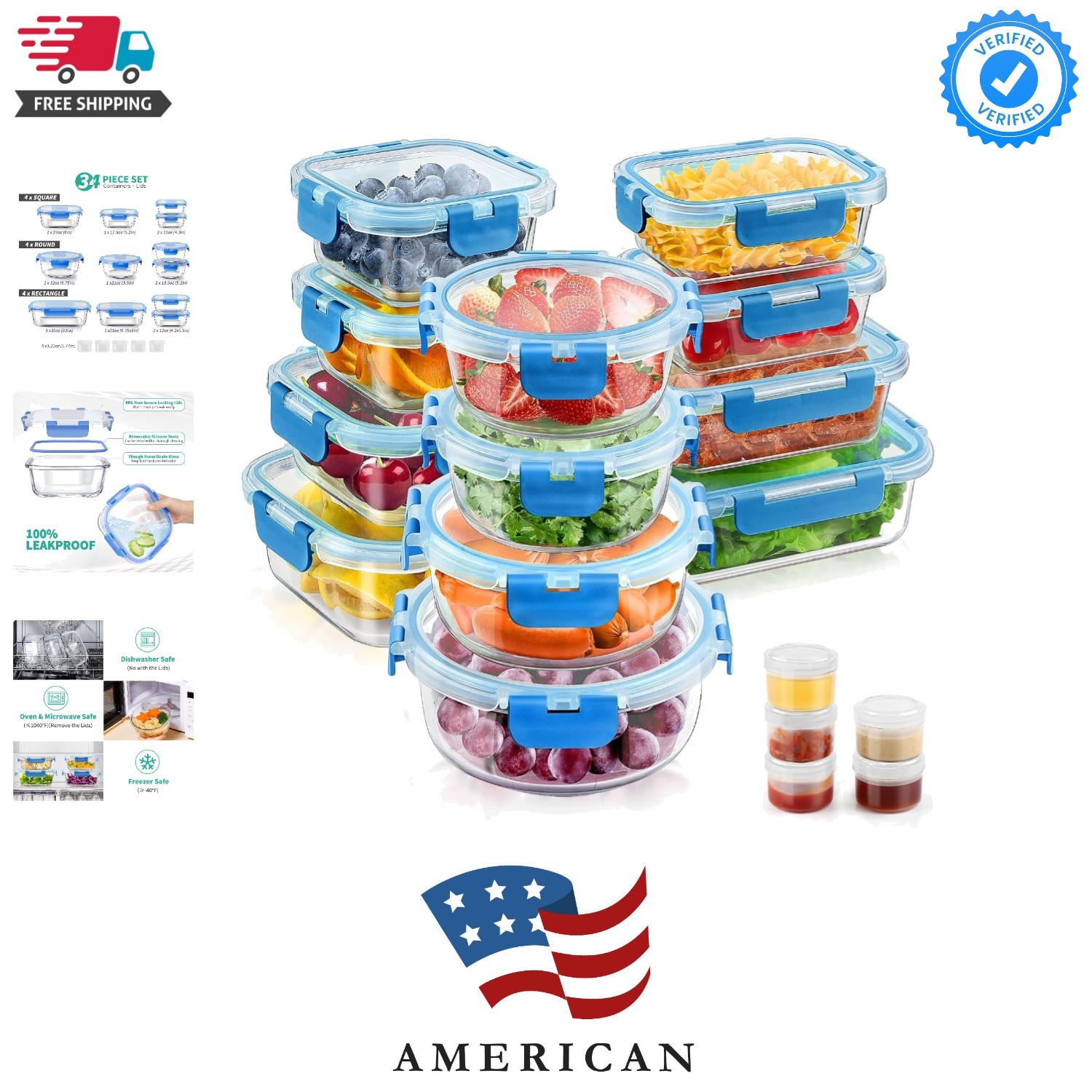 34pcs Glass Food Storage Containers with Lids Set, Airtight Glass Meal Prep C…