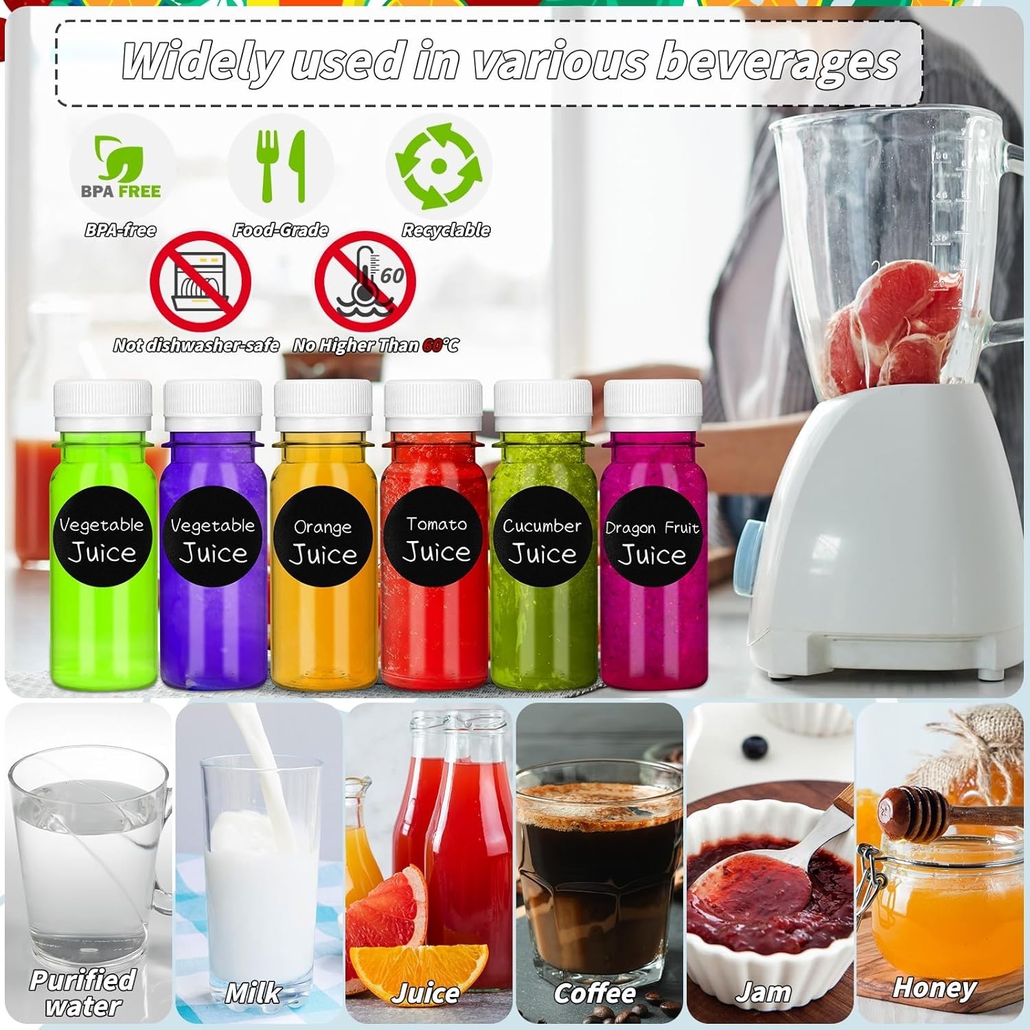 UZLU 165 Pcs 2 oz Small Plastic Juice Bottles with White Caps 2 oz,