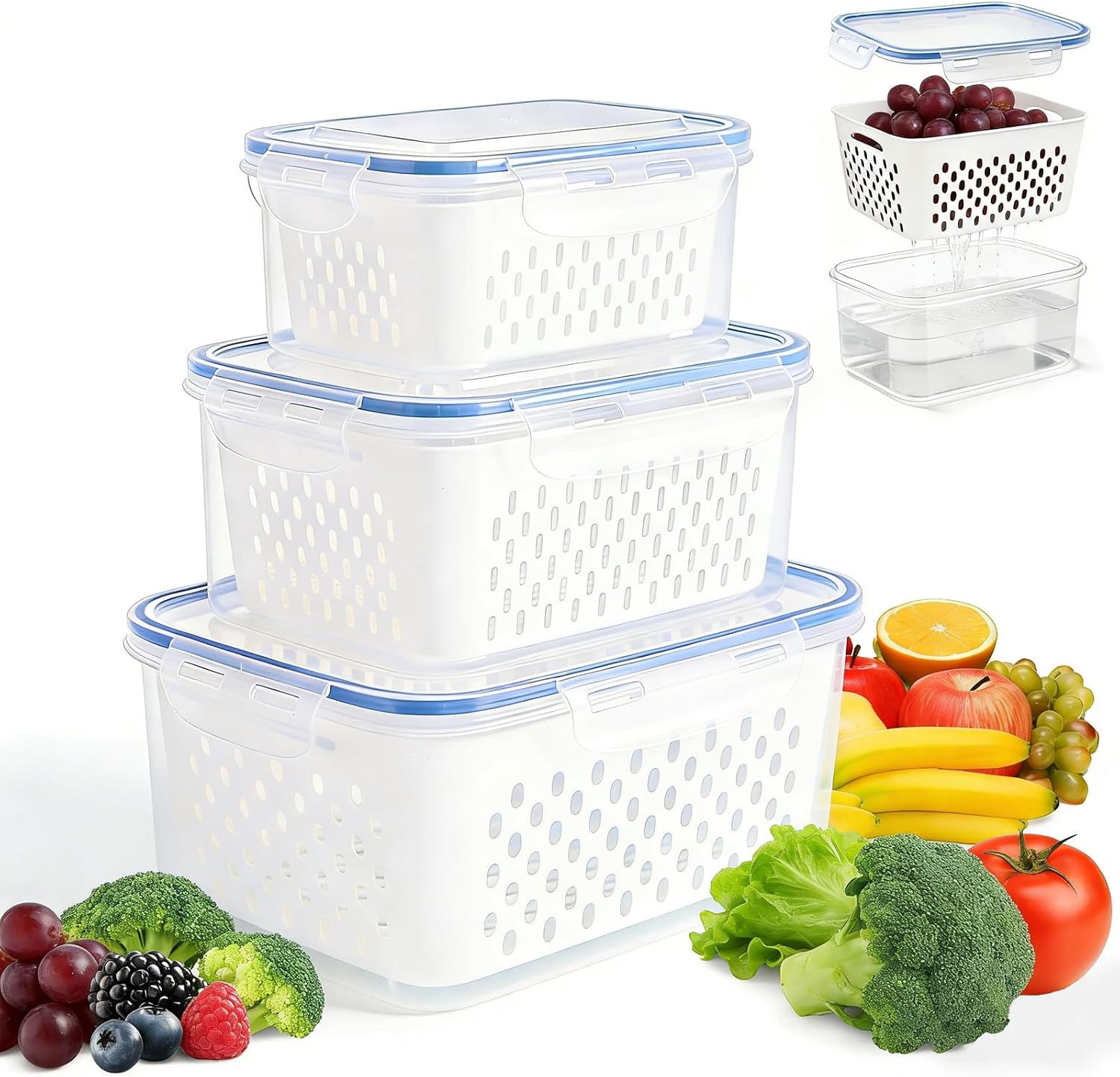 3PCS Fruit Storage Containers, Fruit Storage Containers With Lid And Colander, H