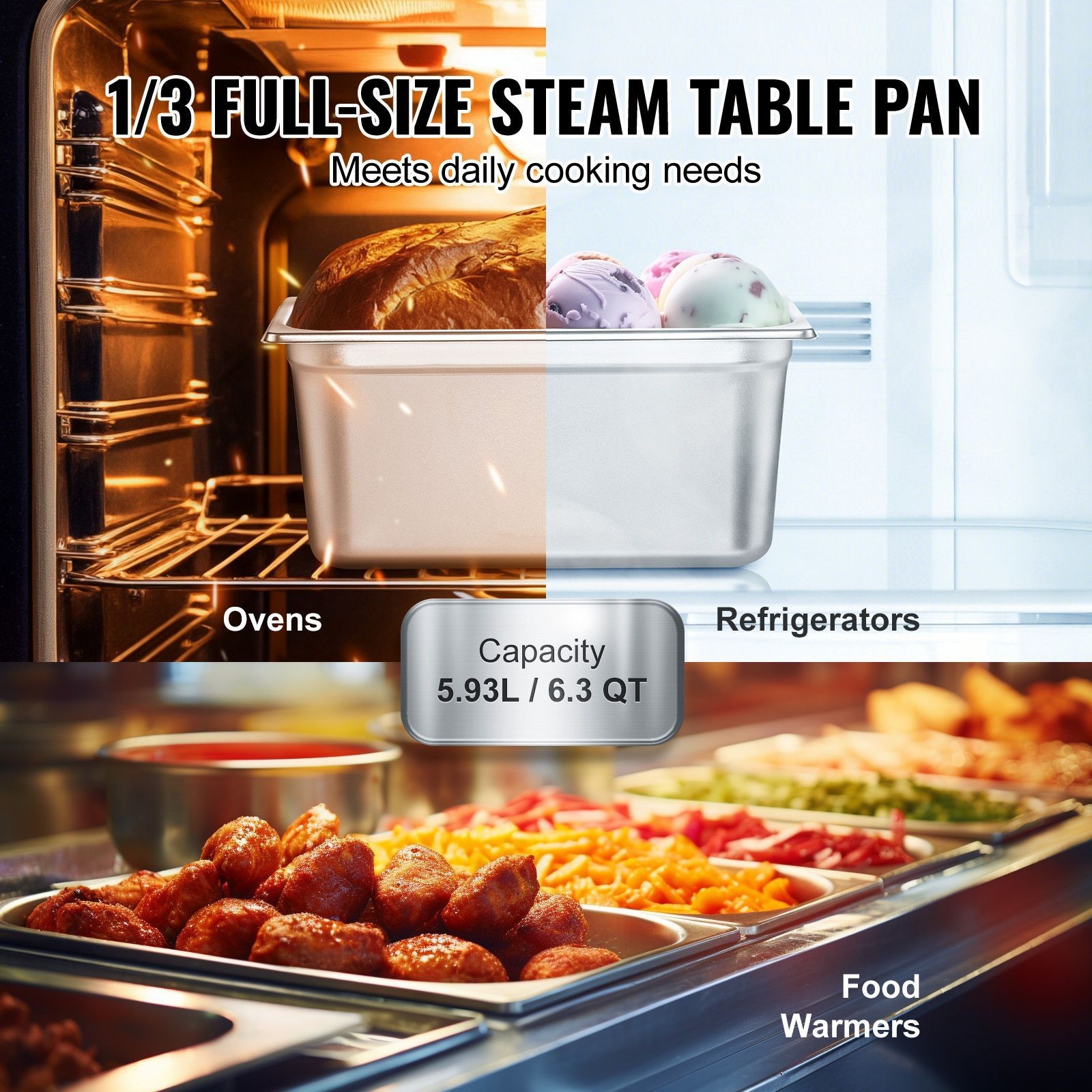 8-Count 1/3 Size 6in, Antijam, Stainless Steam Table Pans Lids