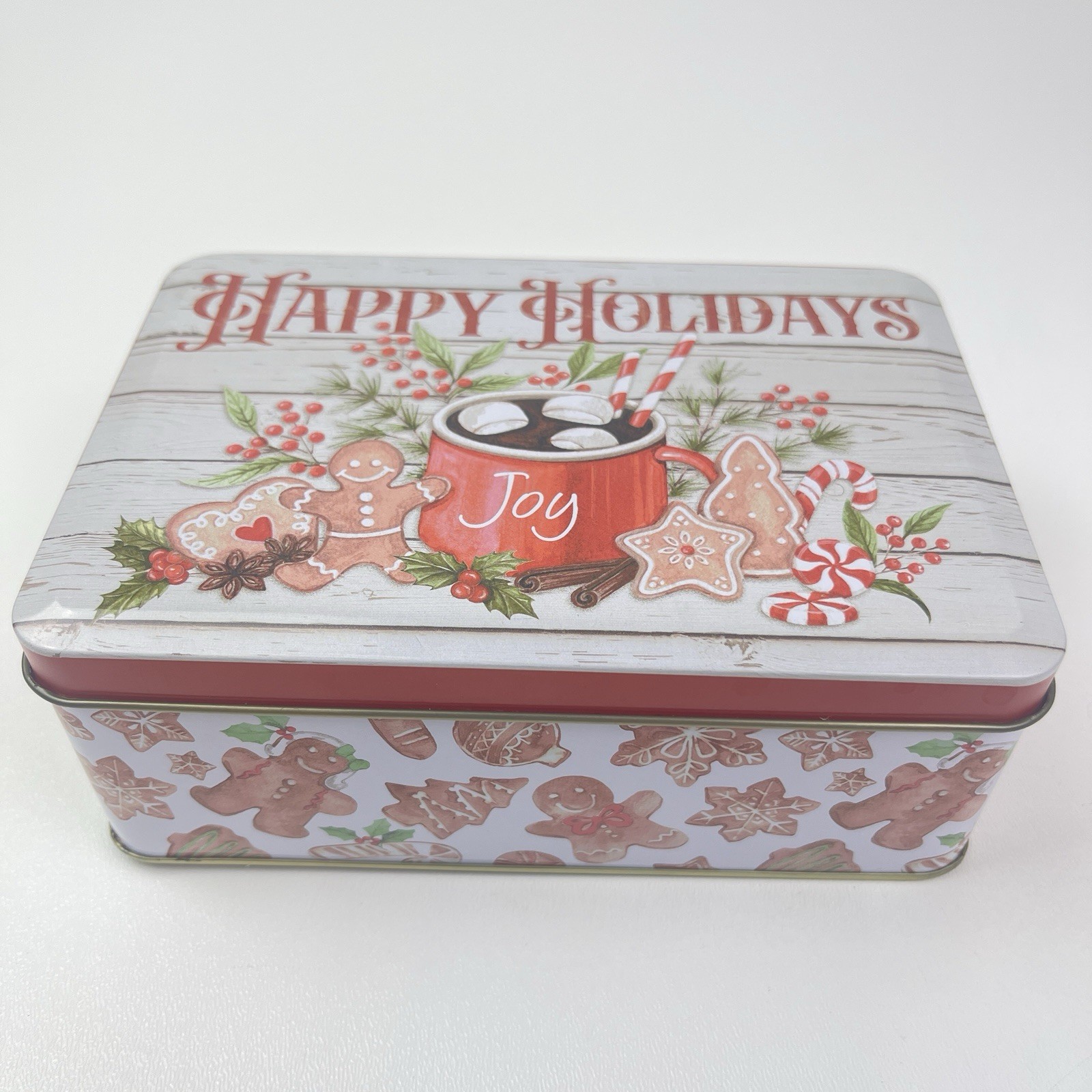 Happy Holidays Rectangle Metal Tin Canister Cookie Box Bin Container Empty