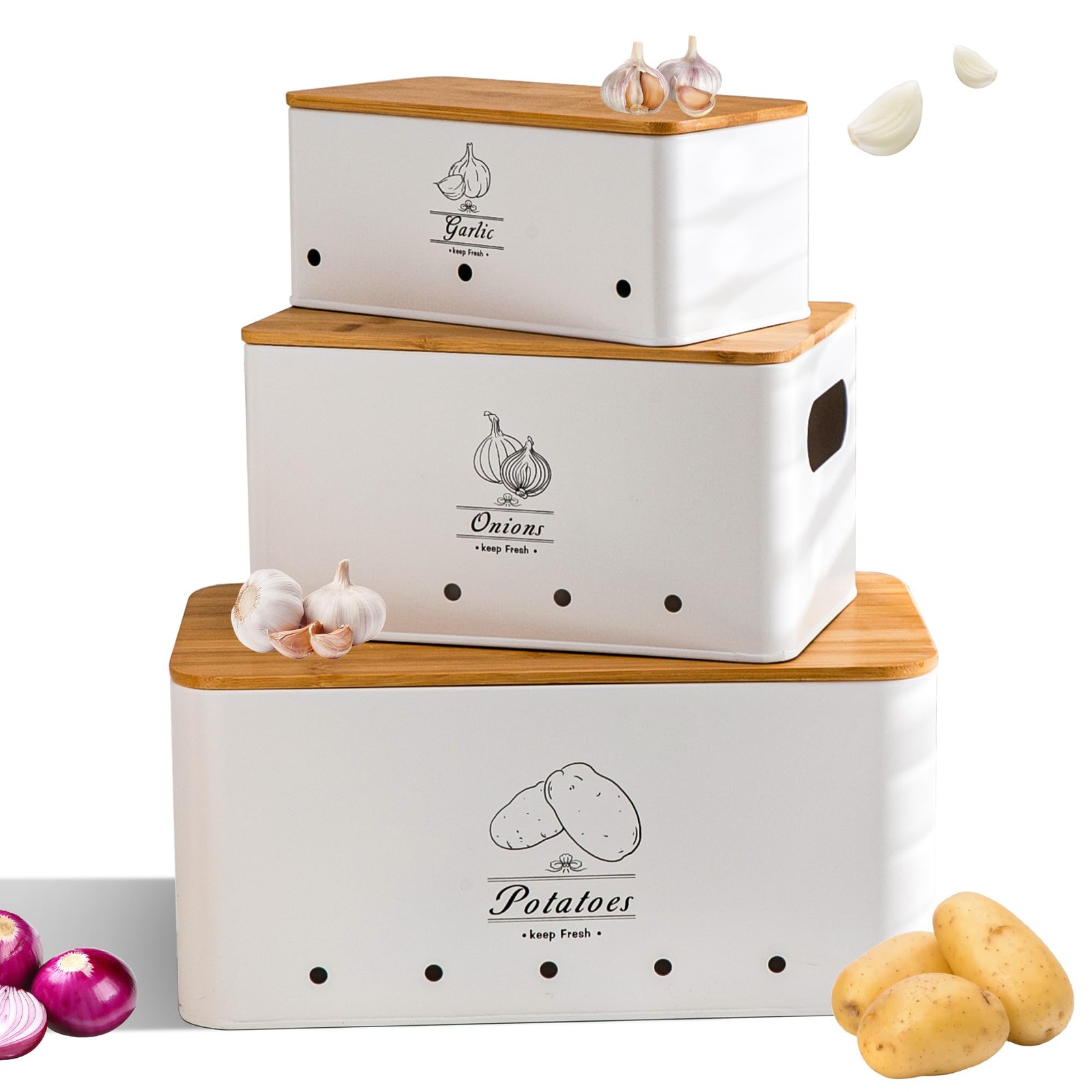 Tenforie Metal Potato Onion and Garlic Storage Tin Set of 3, White Kitchen Ve…