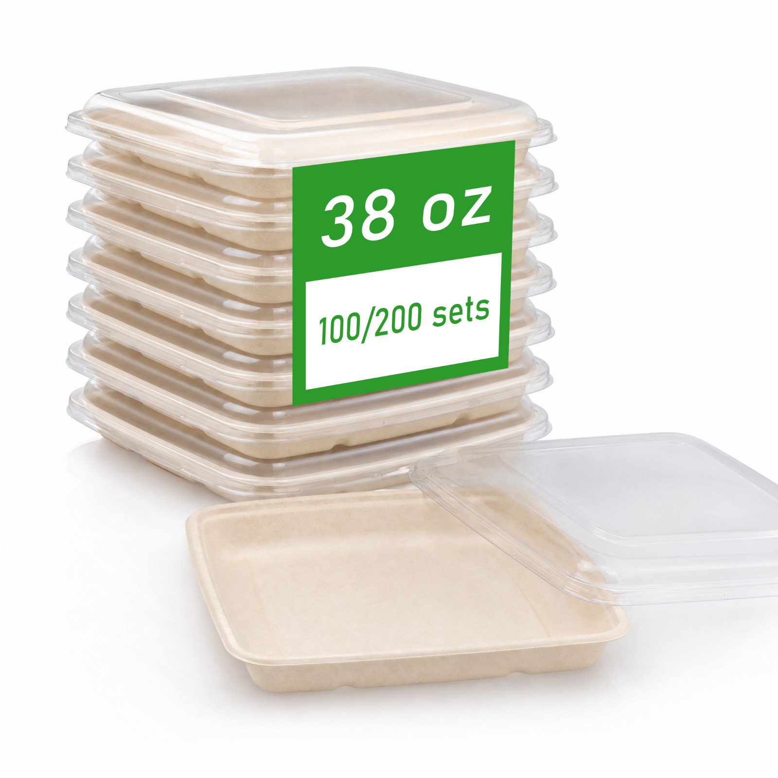 100/200sets 9.2″x9.2″x1.2″ Sugarcane Fiber Takeout Containers with Clear PET Lid