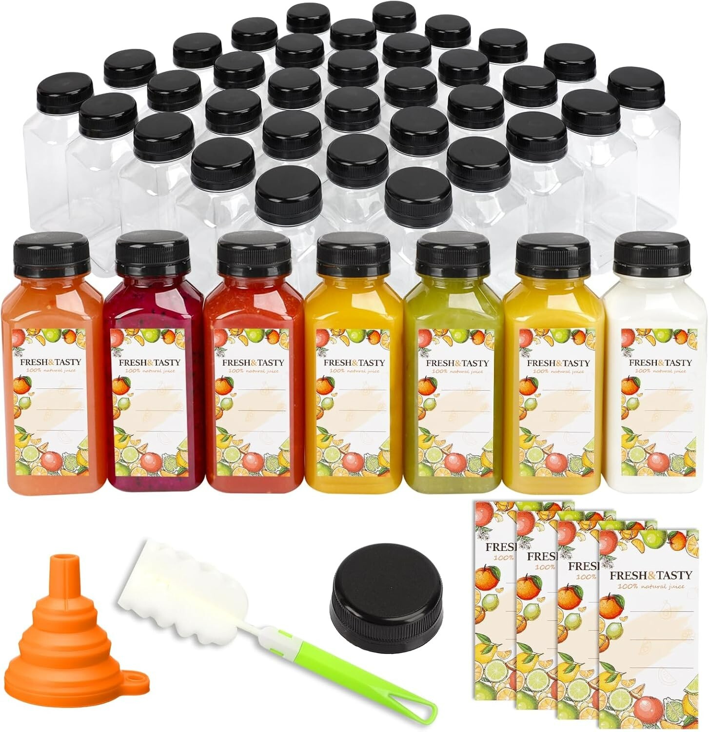 48pcs 8oz Plastic Juice Bottles with Black Caps Empty Reusable Clear Bottles-NEW