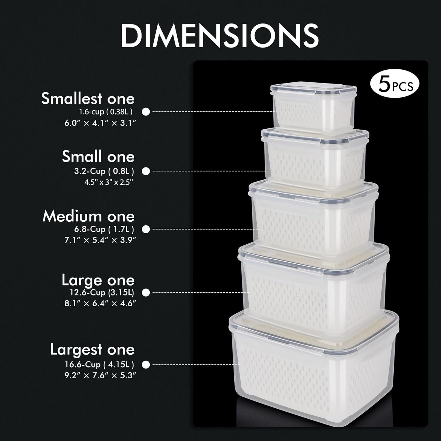 5-Pack Large Fruit Storage Container for Fridge Leak Proof with Removable Coland