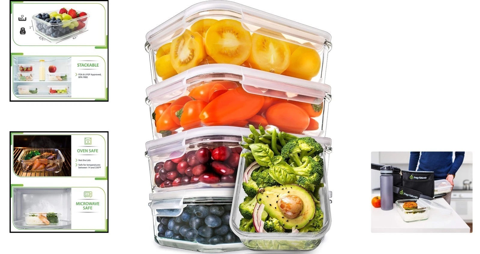 Glass Food Storage Containers 30 Oz Set of 5 Leakproof and Oven Safe