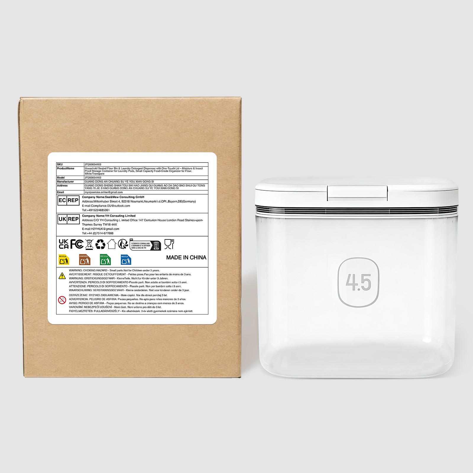 4.5L Flour Container with Measuring Cup, 8.07*6.54*7.6in PET Flour Container